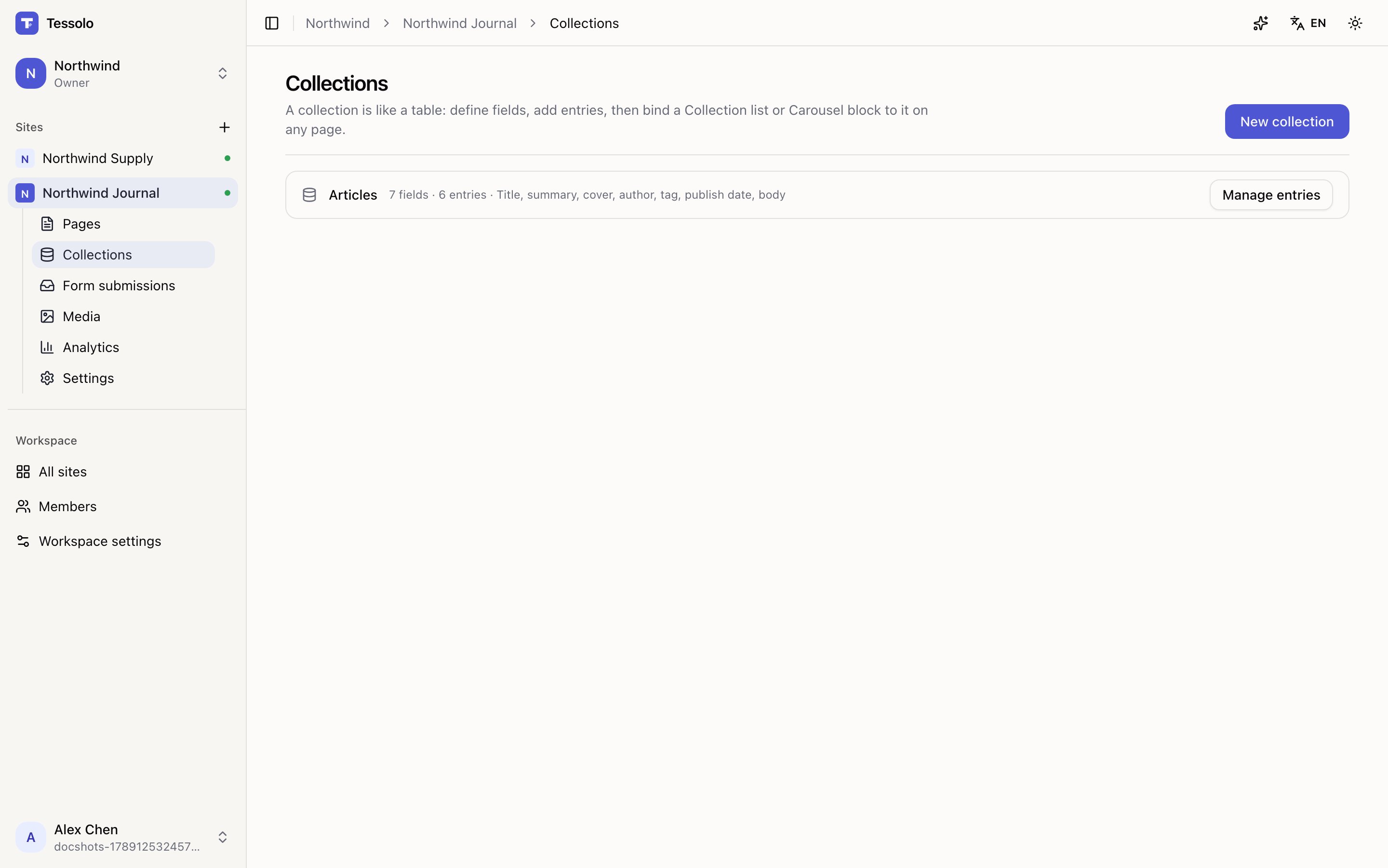 The Collections section listing collections with field and entry counts