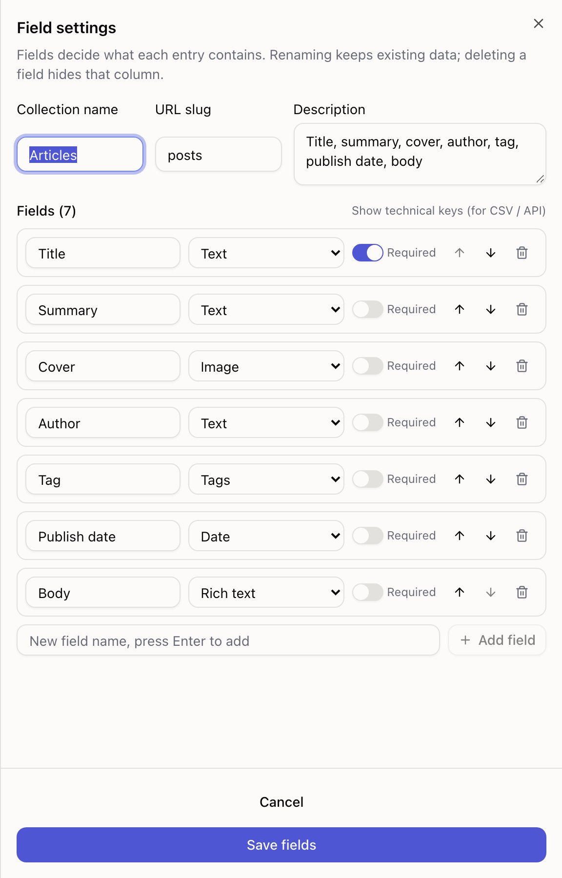 The Field settings panel listing fields with their types and a Required toggle