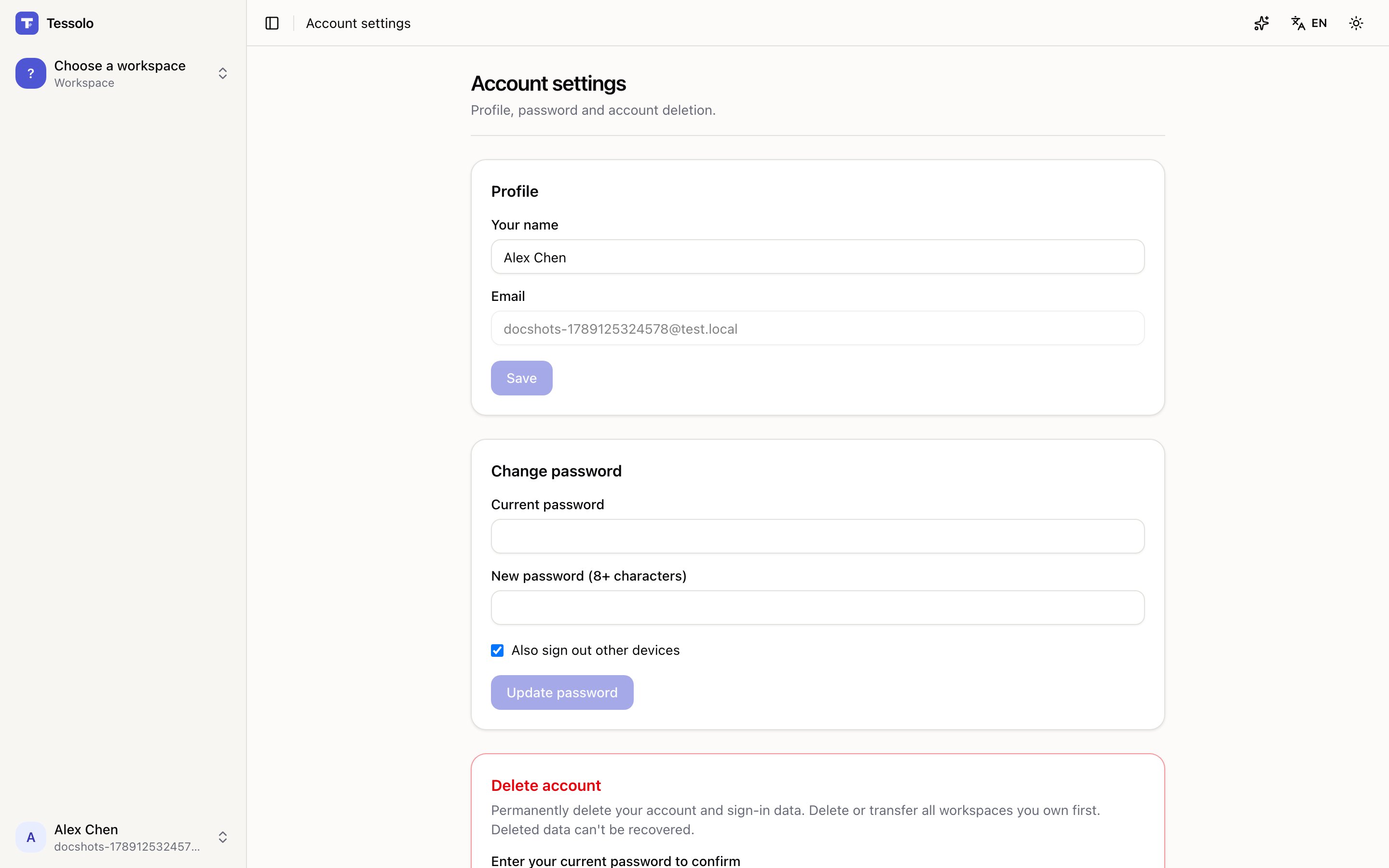 The account settings page with profile, appearance and password sections