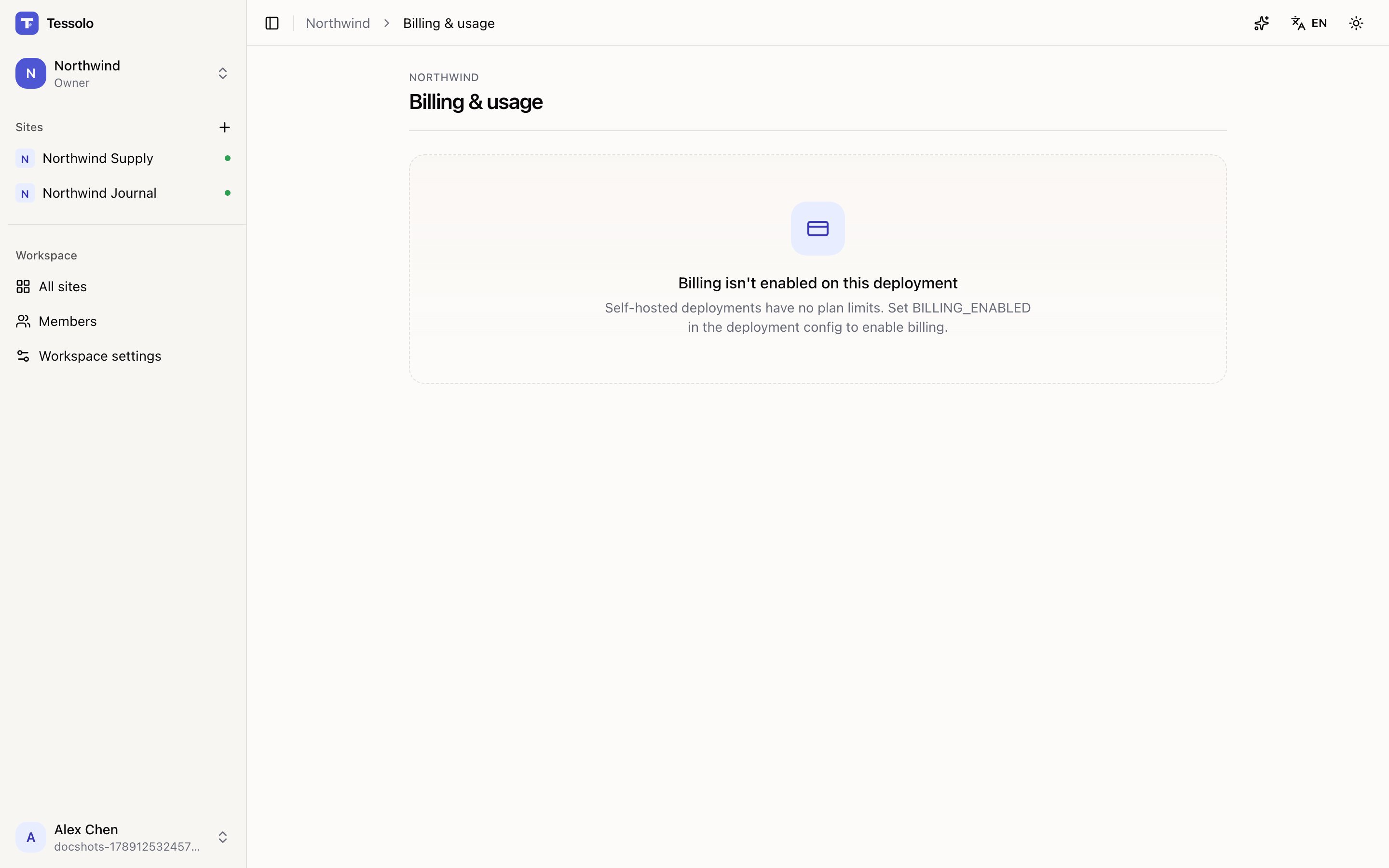The billing page showing the current plan and usage against each limit