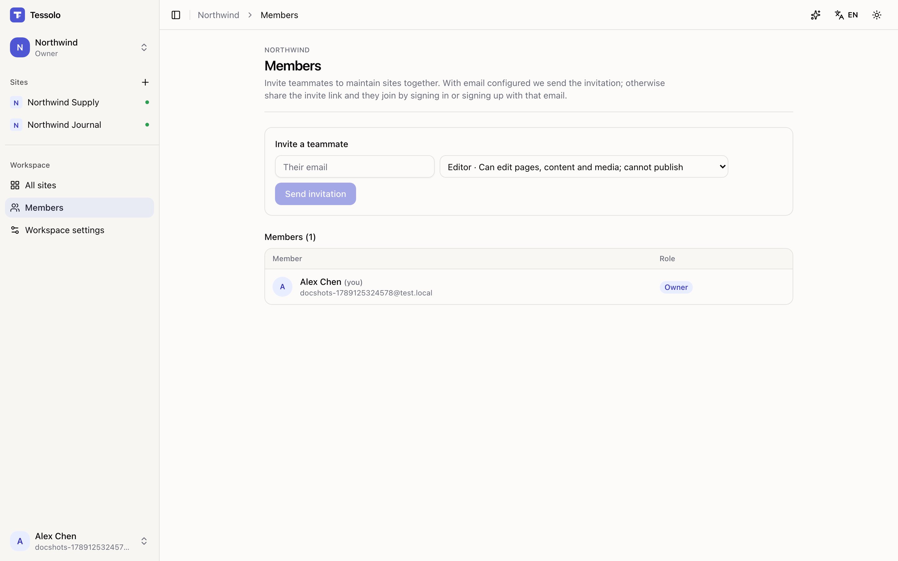 The Members page with an invite form, a member list and pending invitations