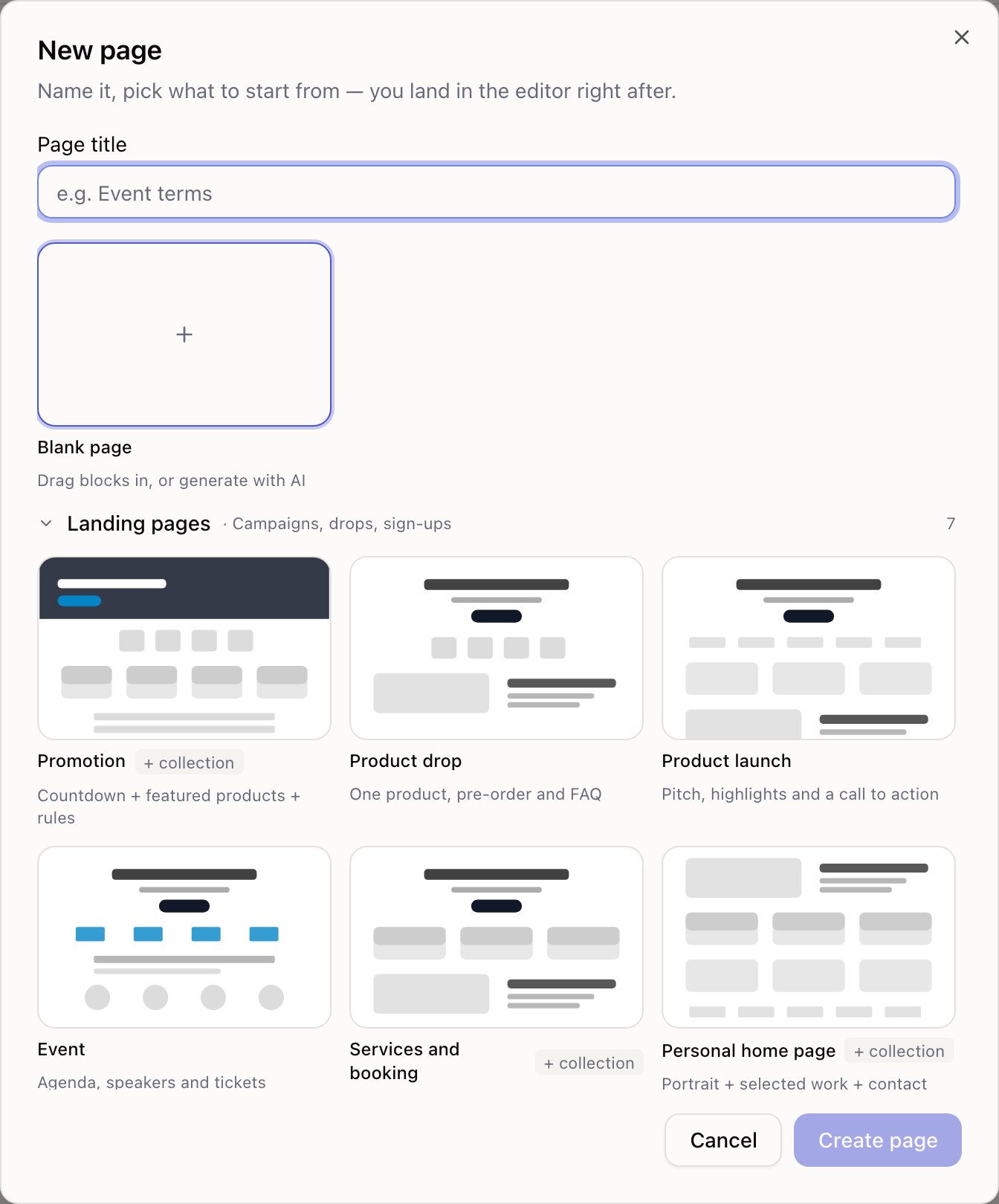 The new page dialog with a grid of starting points grouped into categories