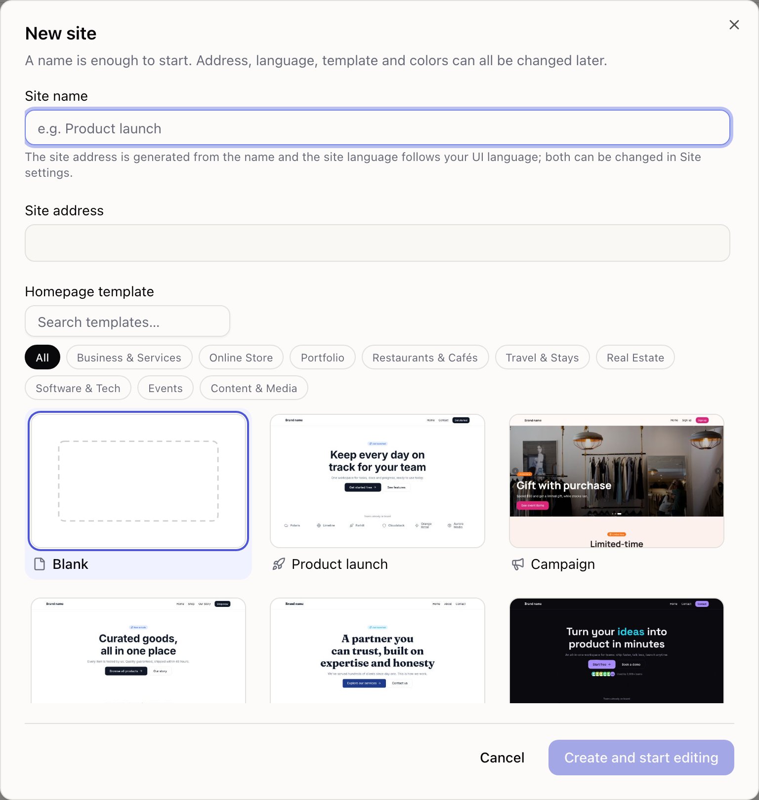 The new site dialog with a template list on the left and a large preview on the right