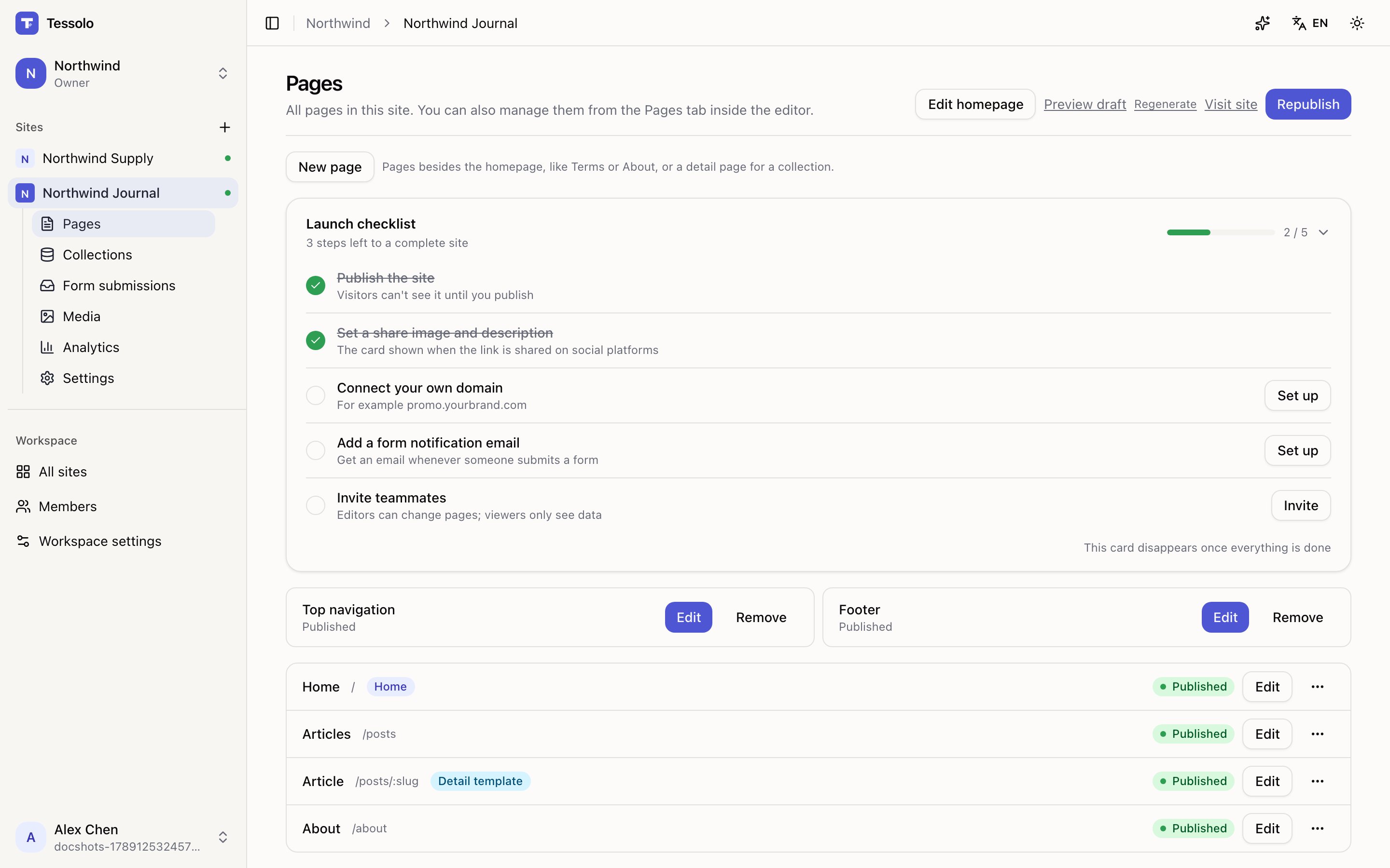 A site's Pages screen with a page list and publish controls