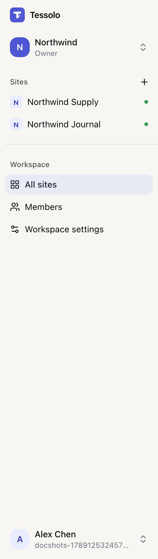 The console sidebar with workspace switcher, site list and workspace section