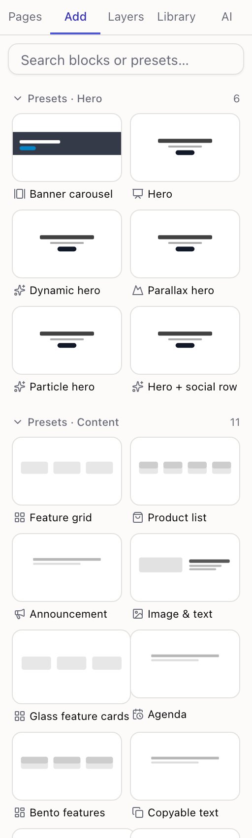 The Add panel showing preset thumbnails grouped by Hero and Content