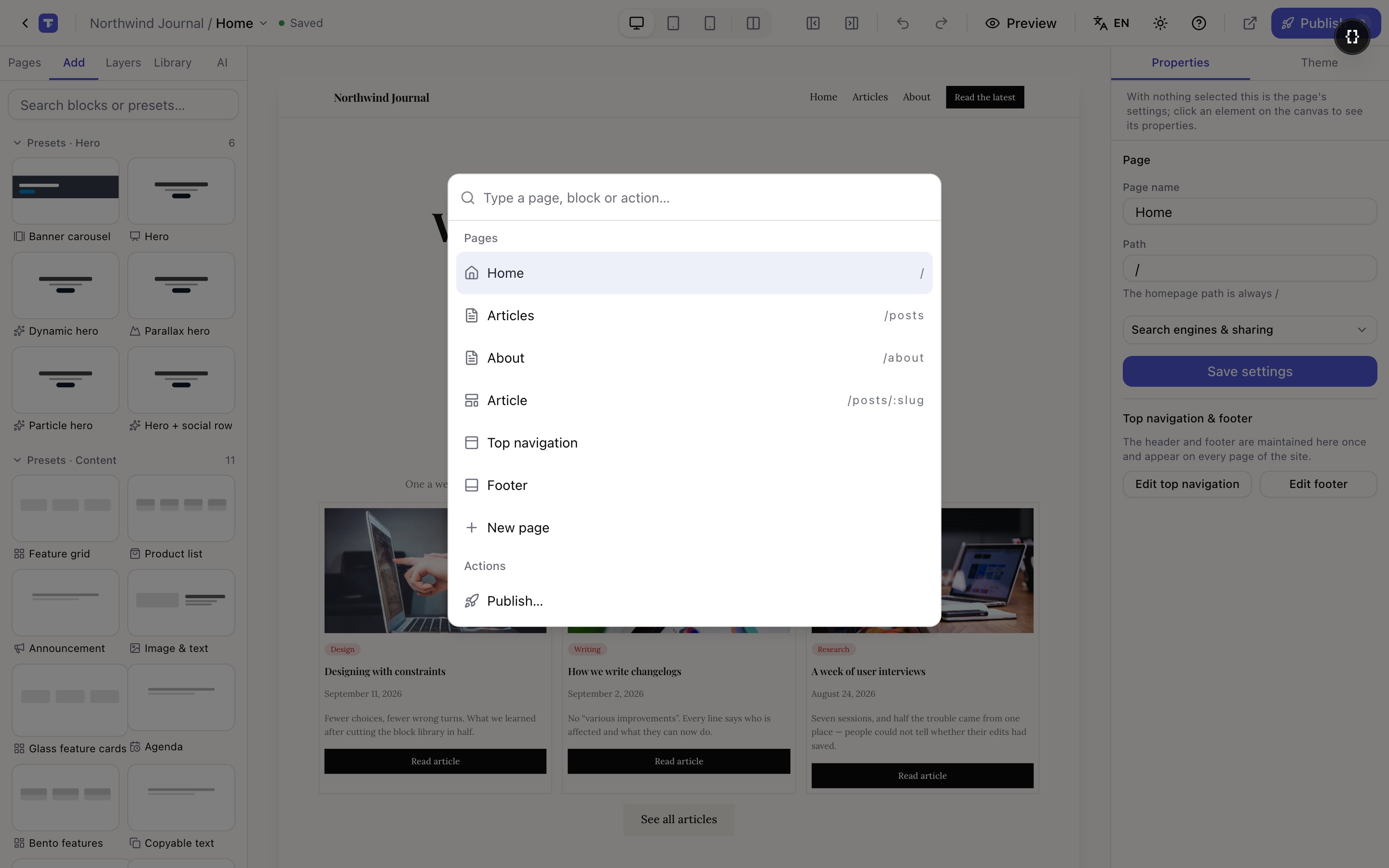 The command palette open over the editor with a search box and grouped results