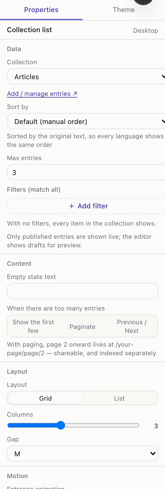 The right panel showing the pagination setting and its hint