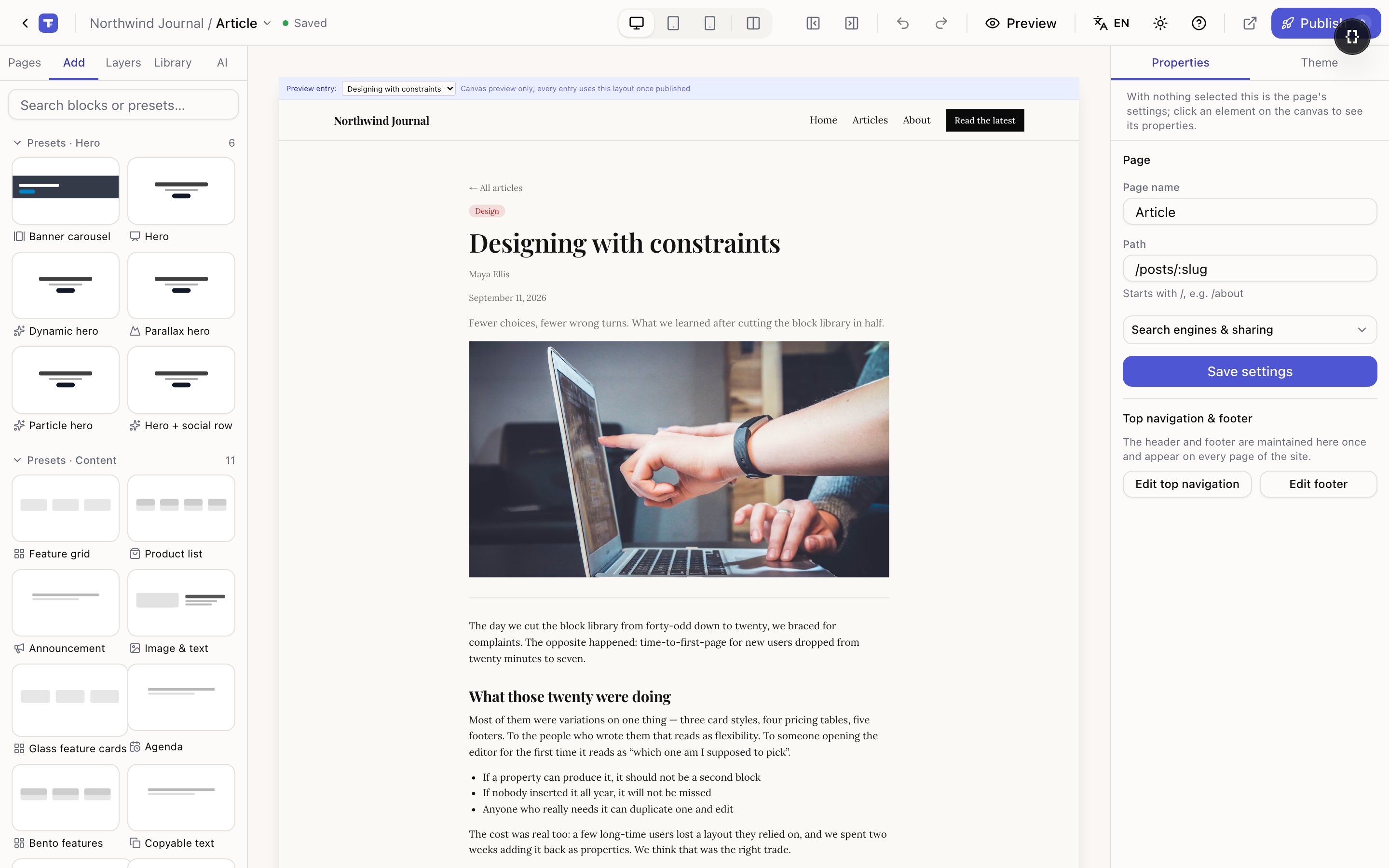 A detail template page in the editor showing a real entry