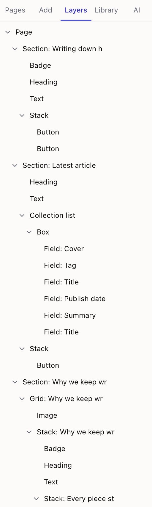 The Layers panel showing a nested tree of blocks