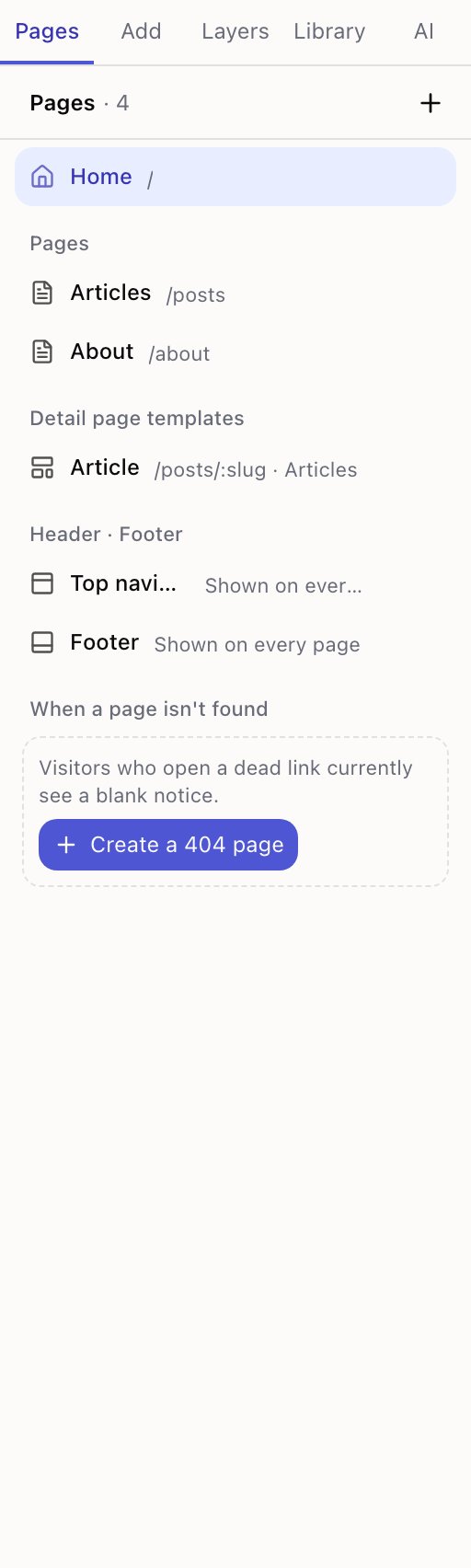 The Pages tab in the editor left panel, showing pages grouped by kind