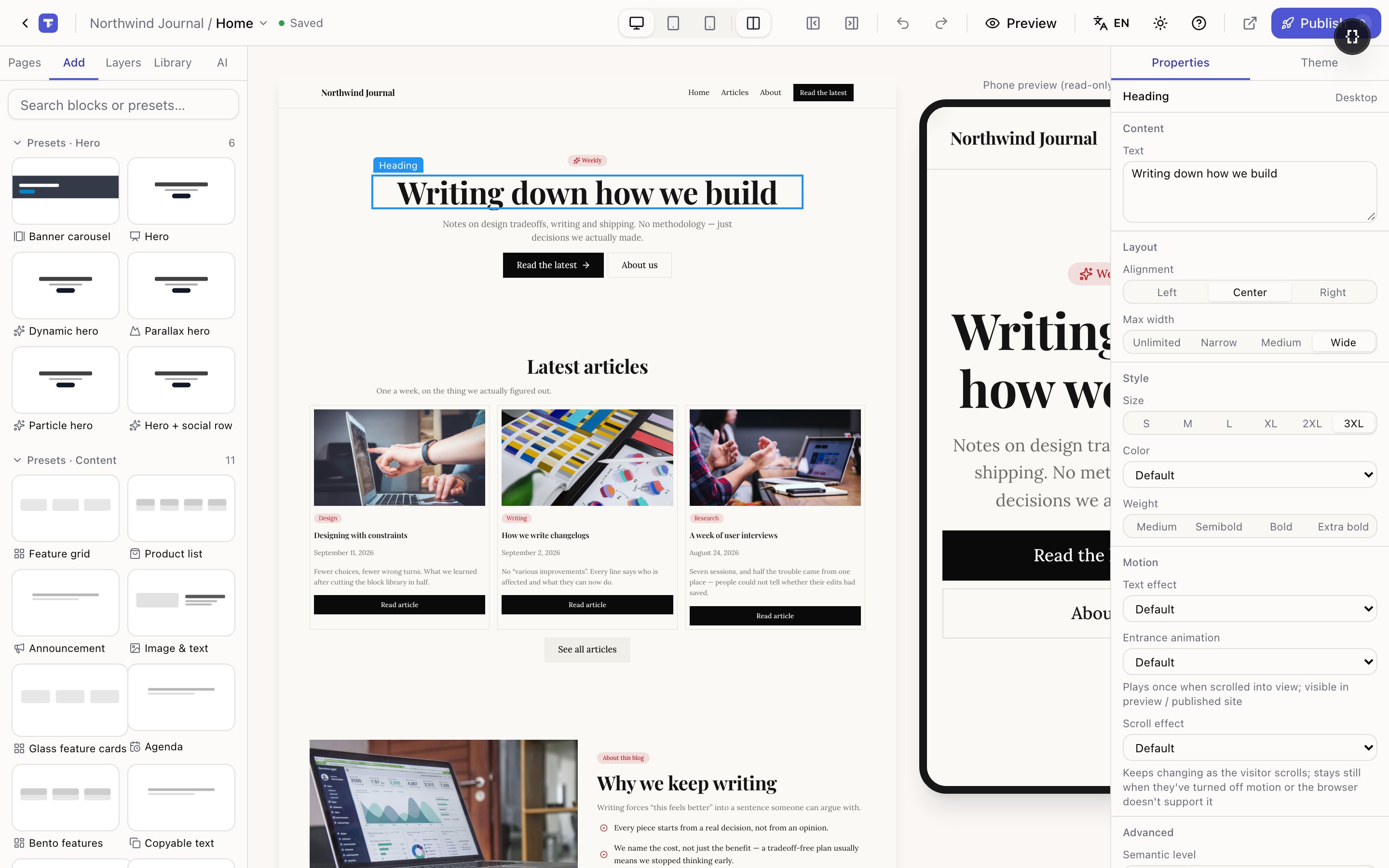 The editor with a phone preview beside the desktop canvas