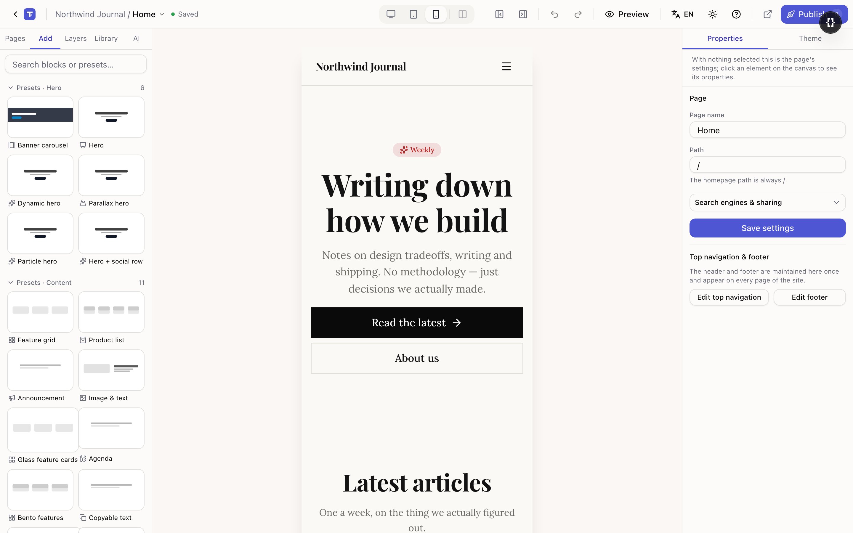 The editor canvas showing the page at phone width