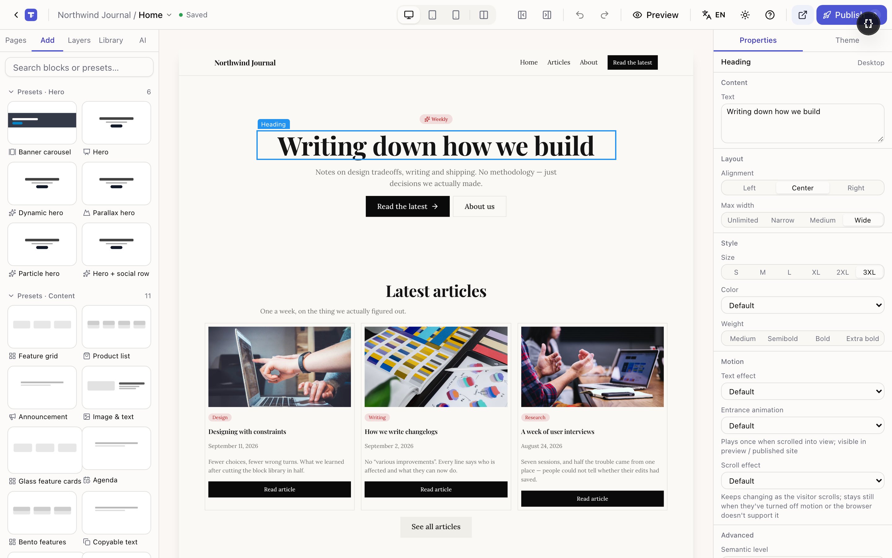 The editor in preview mode with the panels hidden and the page interactive