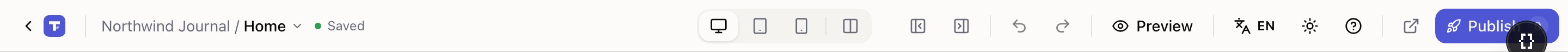 The editor top bar showing the site name, page name and the Saved status