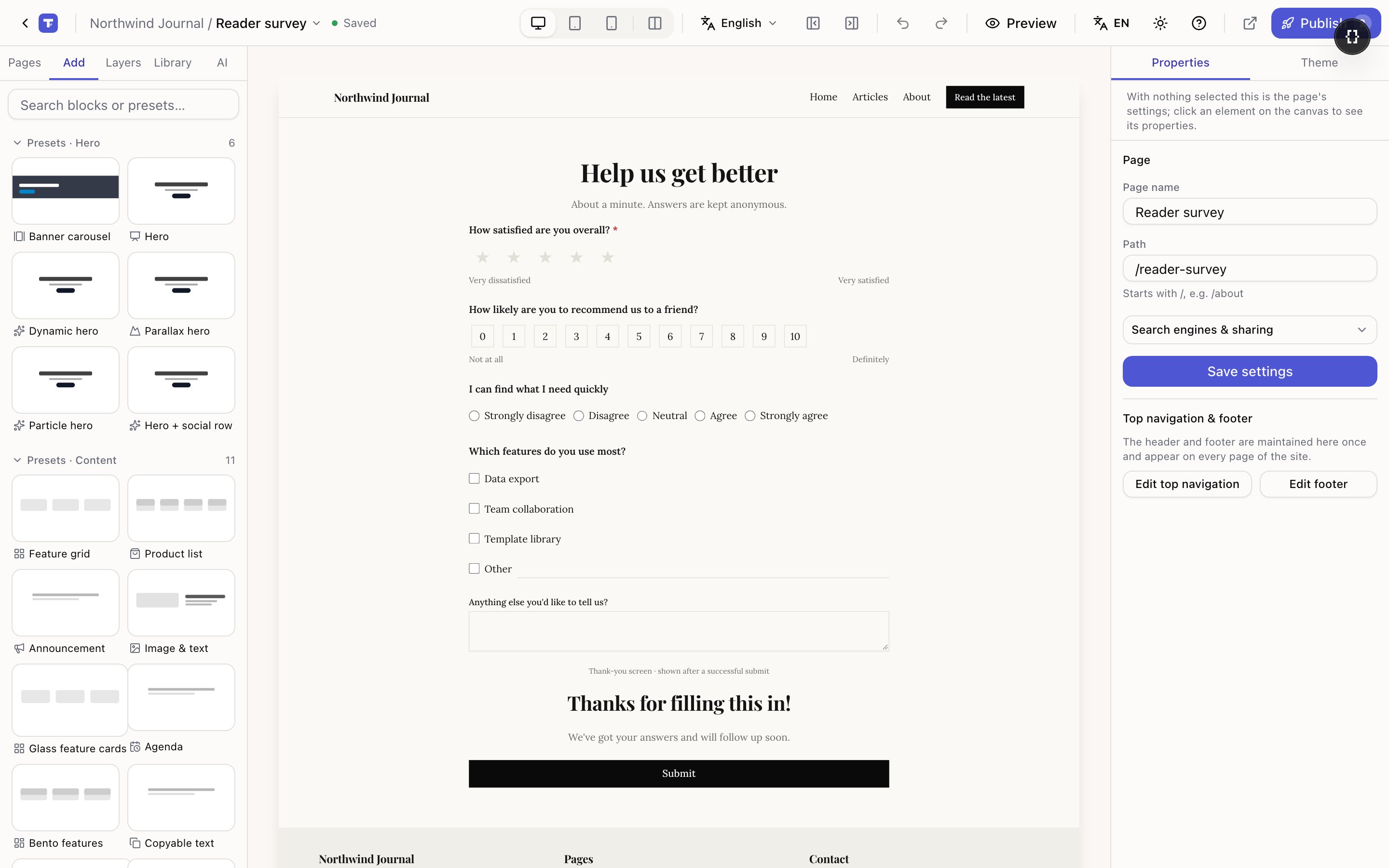 A survey page in the editor: a star rating, a 0–10 scale, an agree/disagree scale, a multi-choice question and a thank-you screen