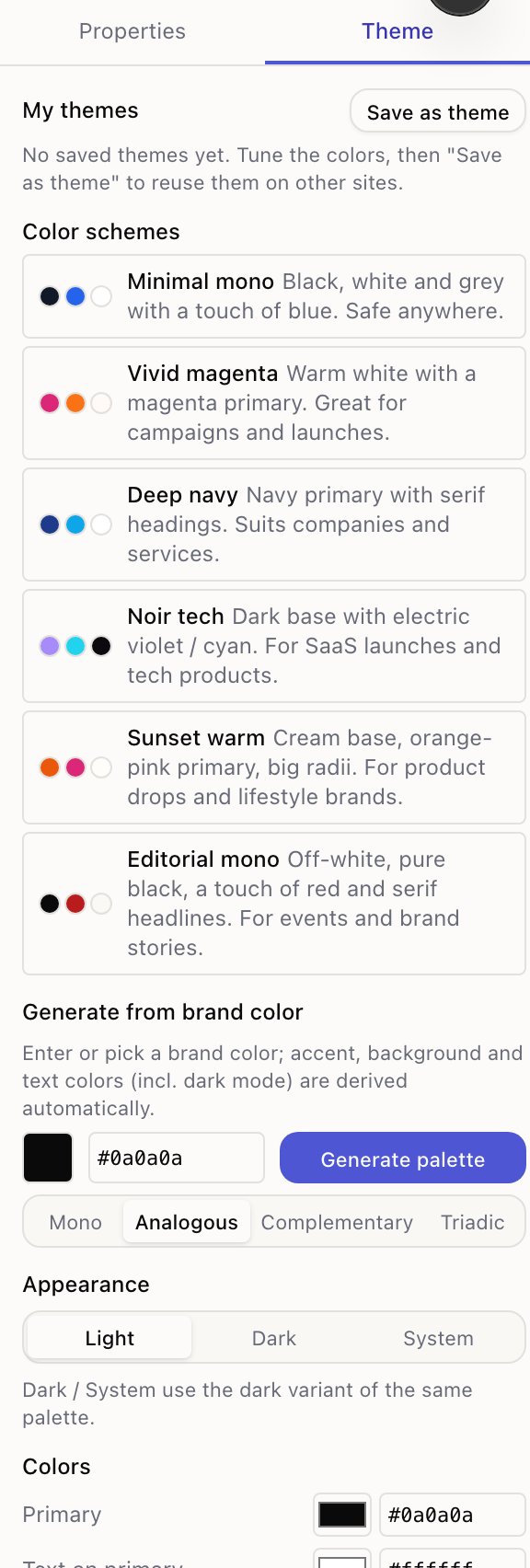 The theme panel showing the colour swatches