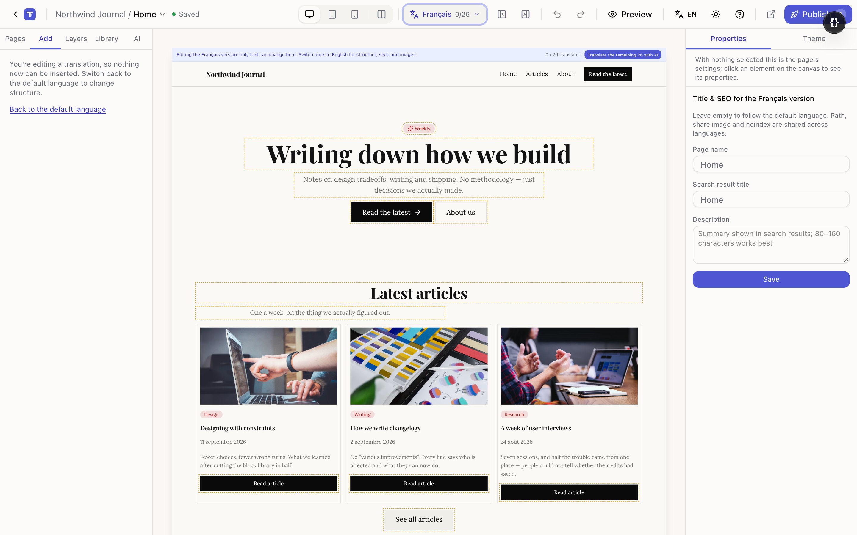 The editor in translation mode with a banner, dashed outlines on untranslated text and a French SEO panel