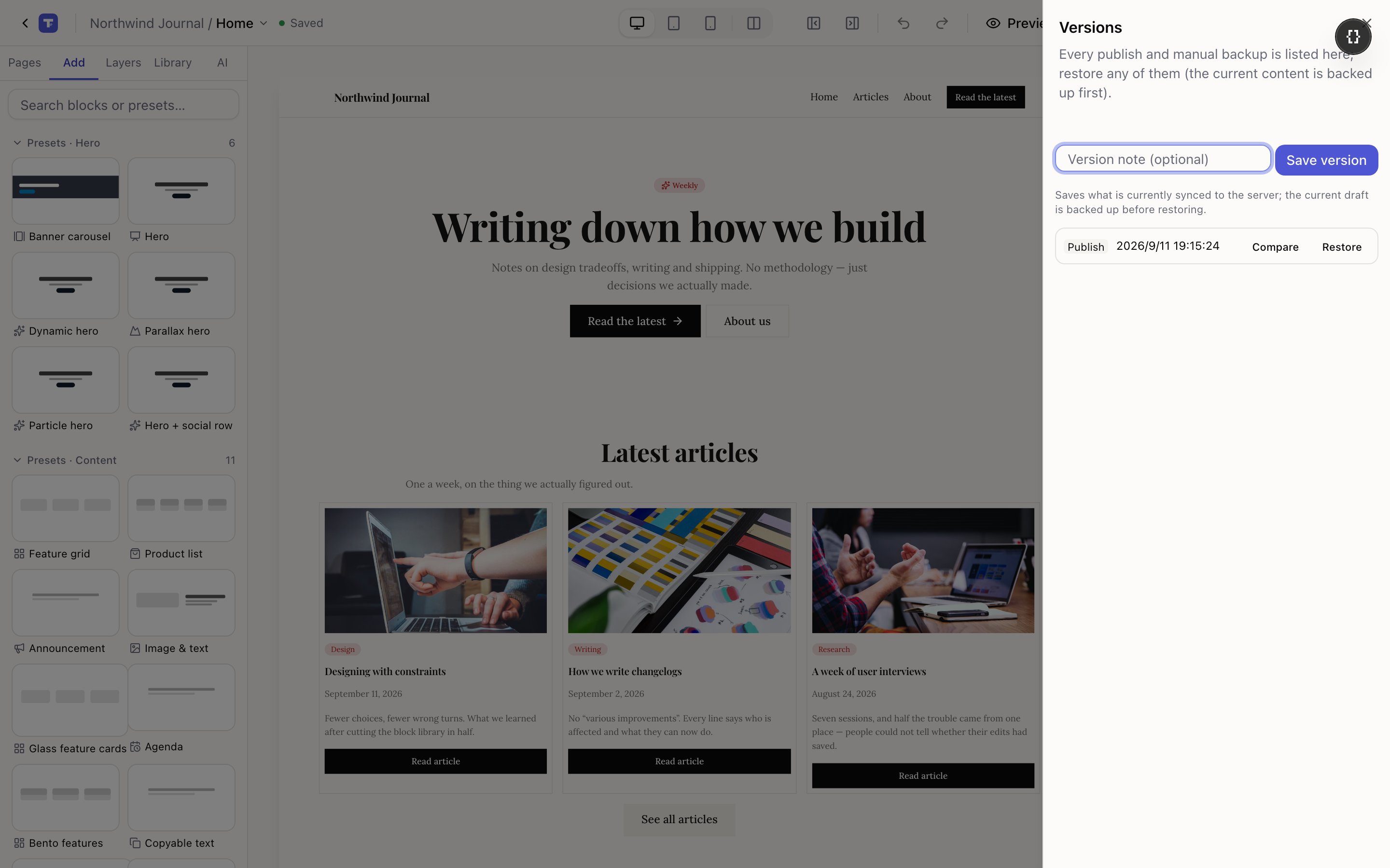 The version history panel listing versions with Auto, Manual and Publish badges