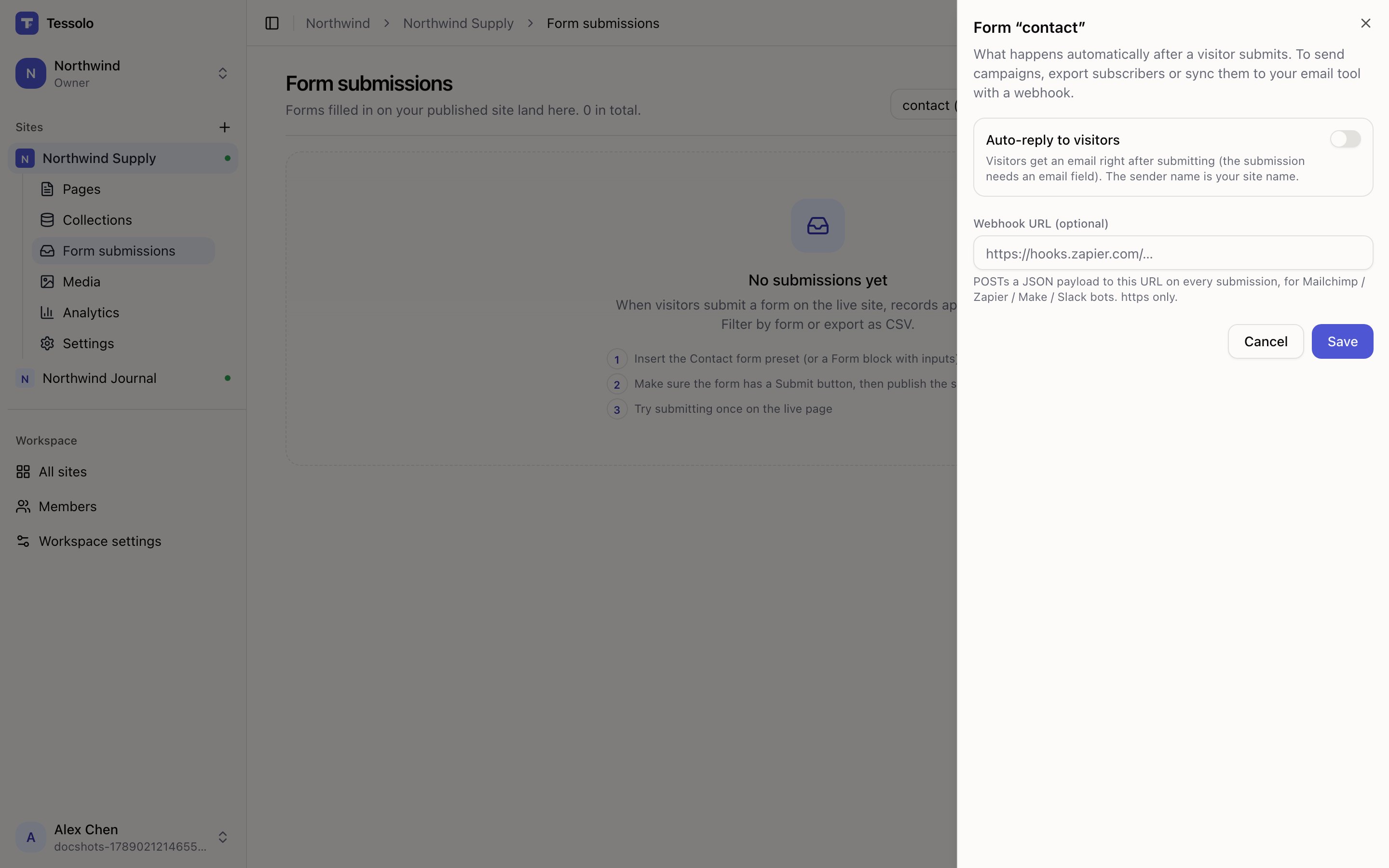 The form settings drawer with auto-reply subject and body, and a webhook URL field