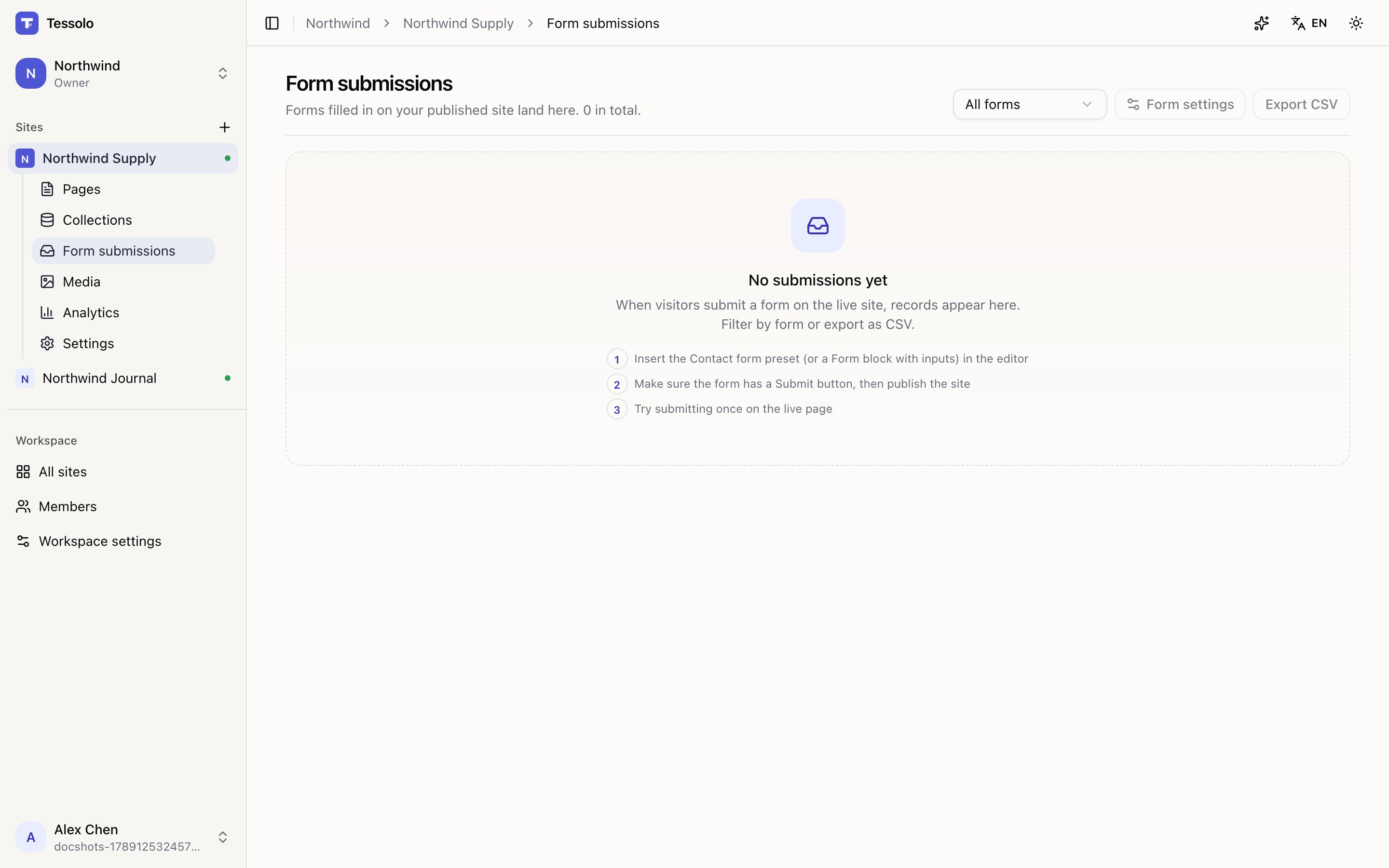 The Form submissions page with a form filter and a table of submissions