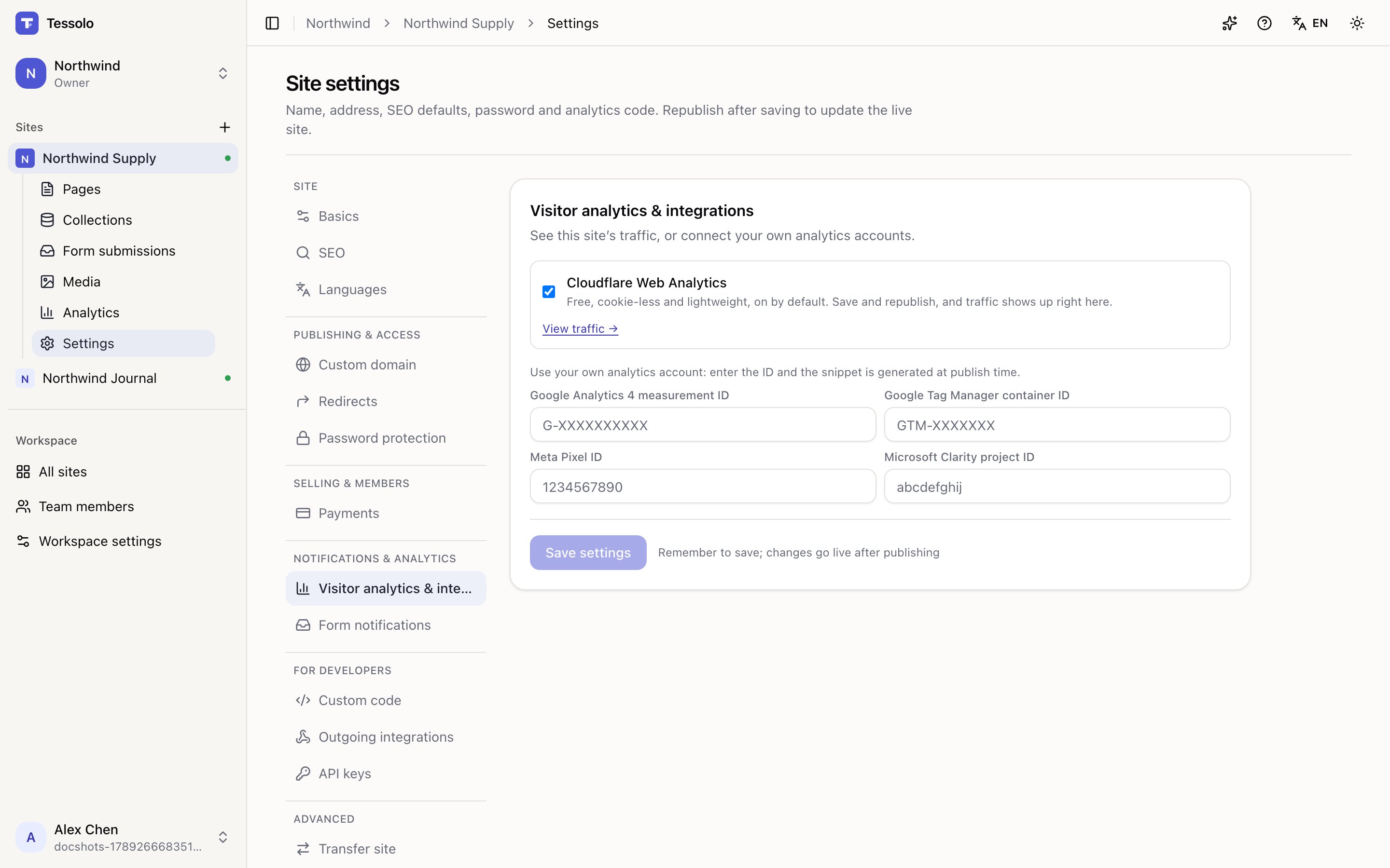 The Analytics section of site settings with fields for GA4, GTM, Meta Pixel and Clarity IDs