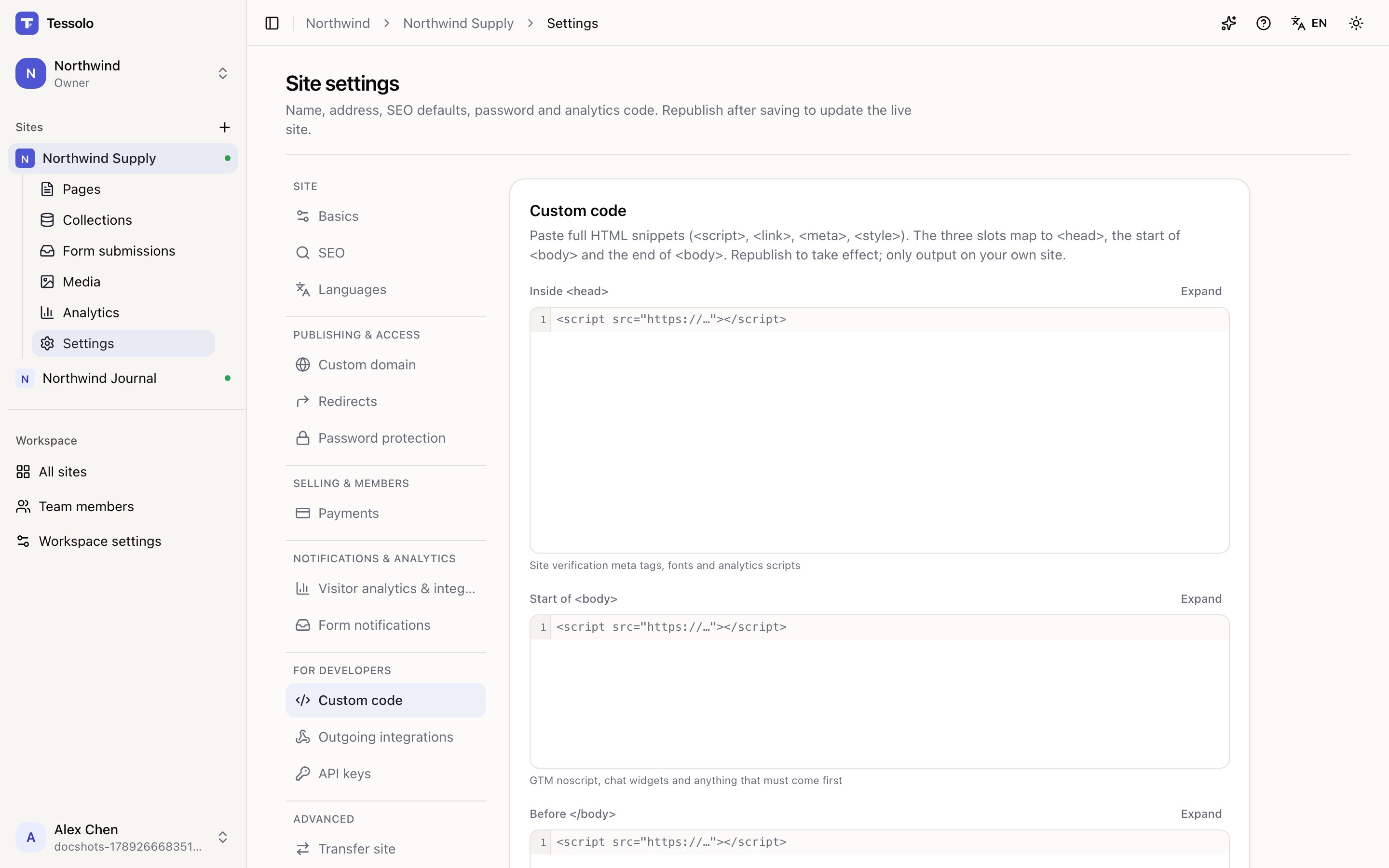 The Custom code section with three editors for head, start of body and end of body