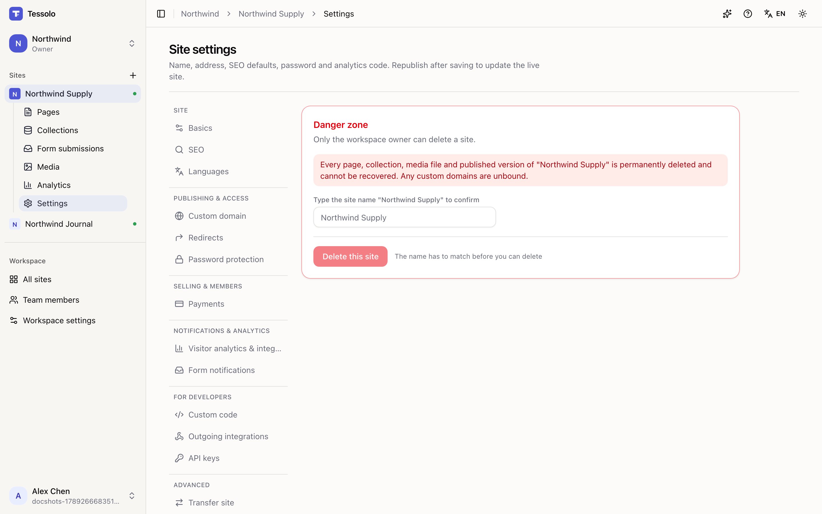 The danger zone section of site settings