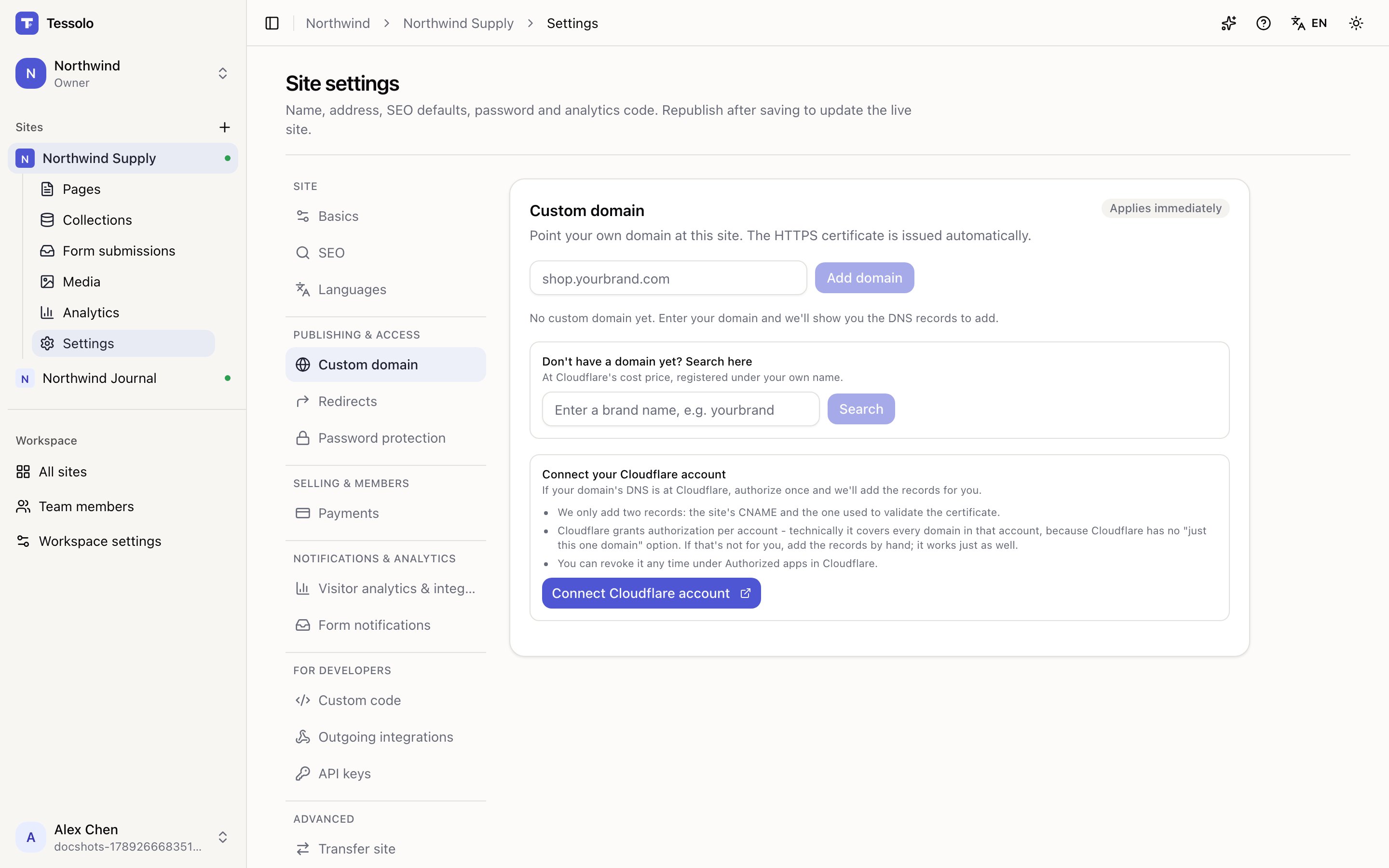 The custom domain section of site settings showing the DNS record table