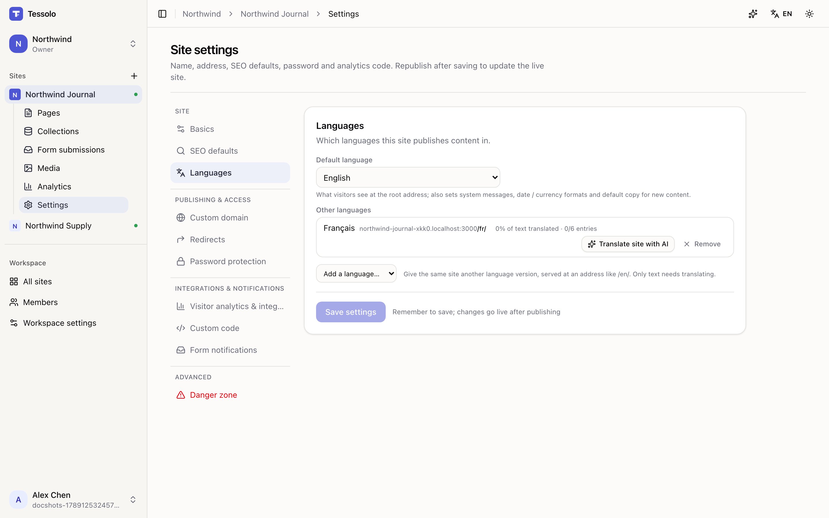 The Languages section showing translation progress per language