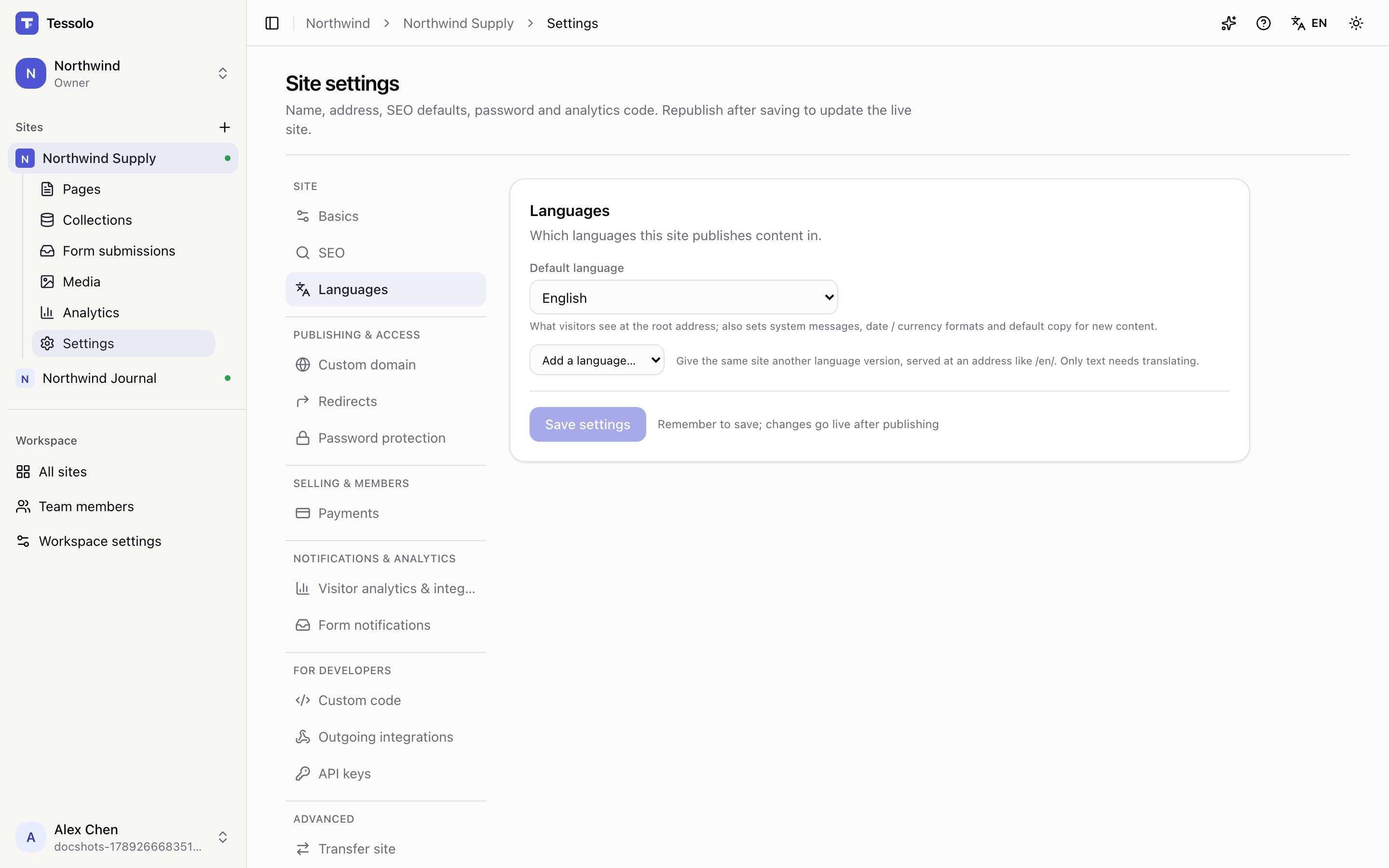 The Languages section of site settings with a default language and extra languages