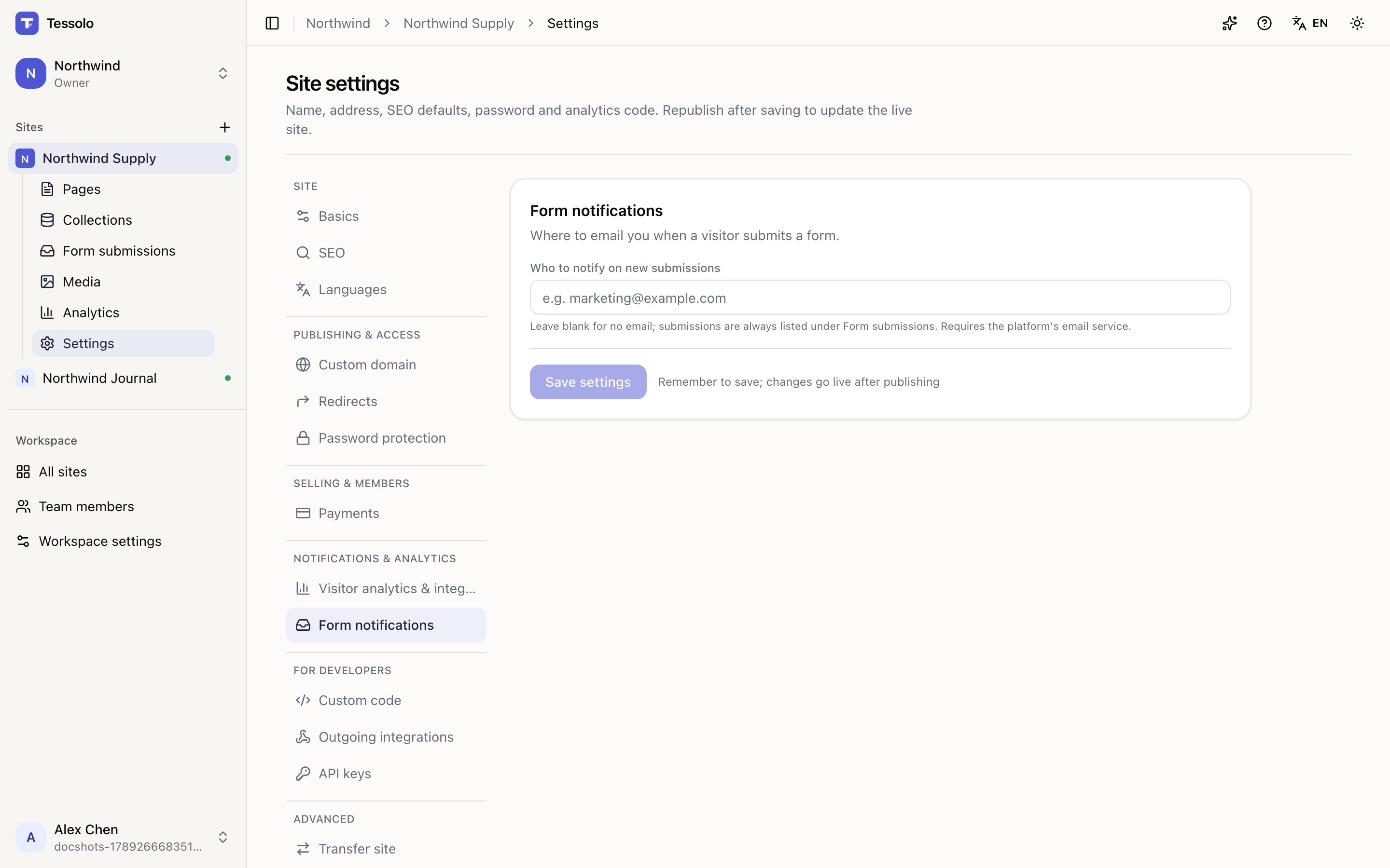 The Integrations and notifications group in site settings