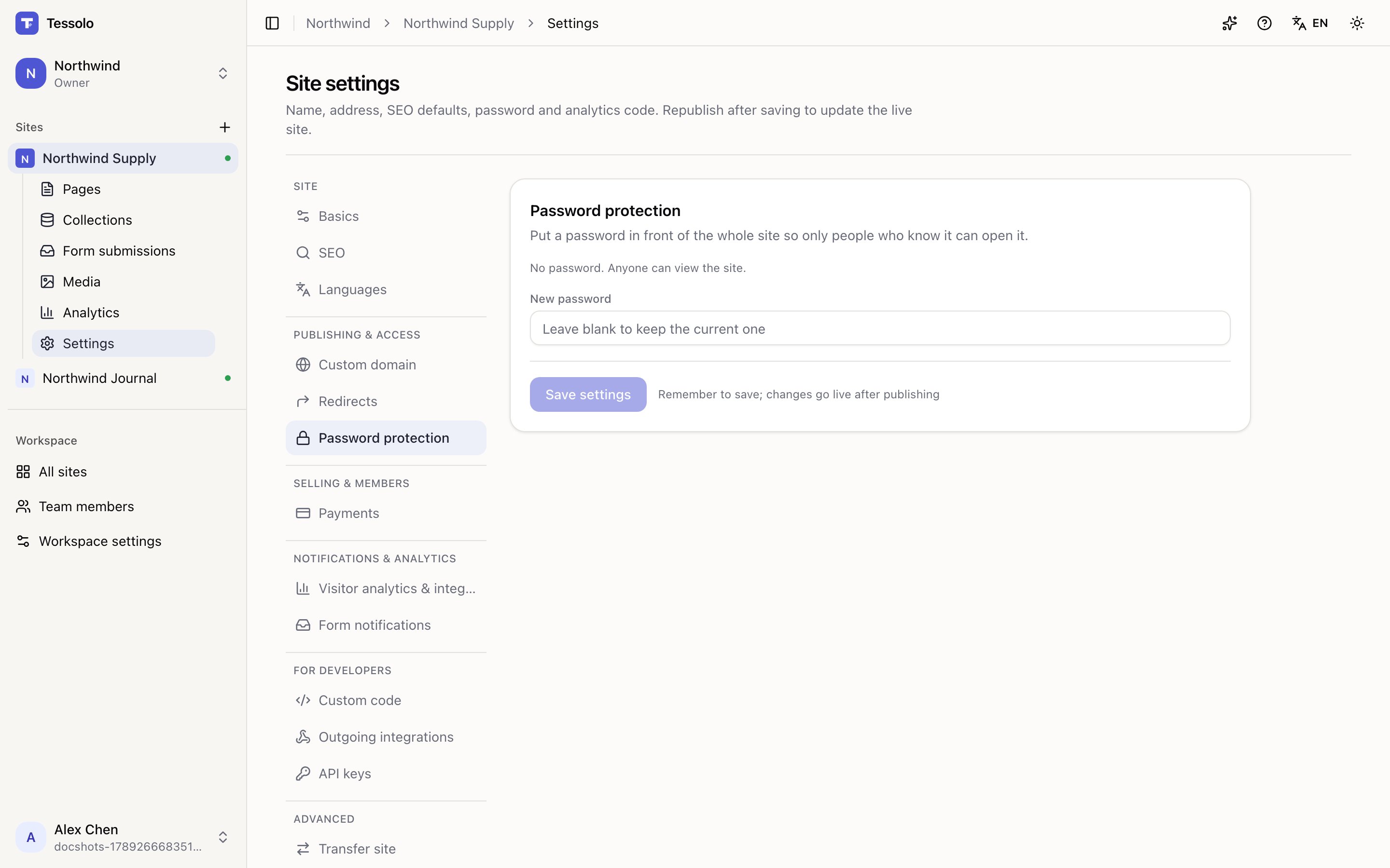 The password protection section of site settings