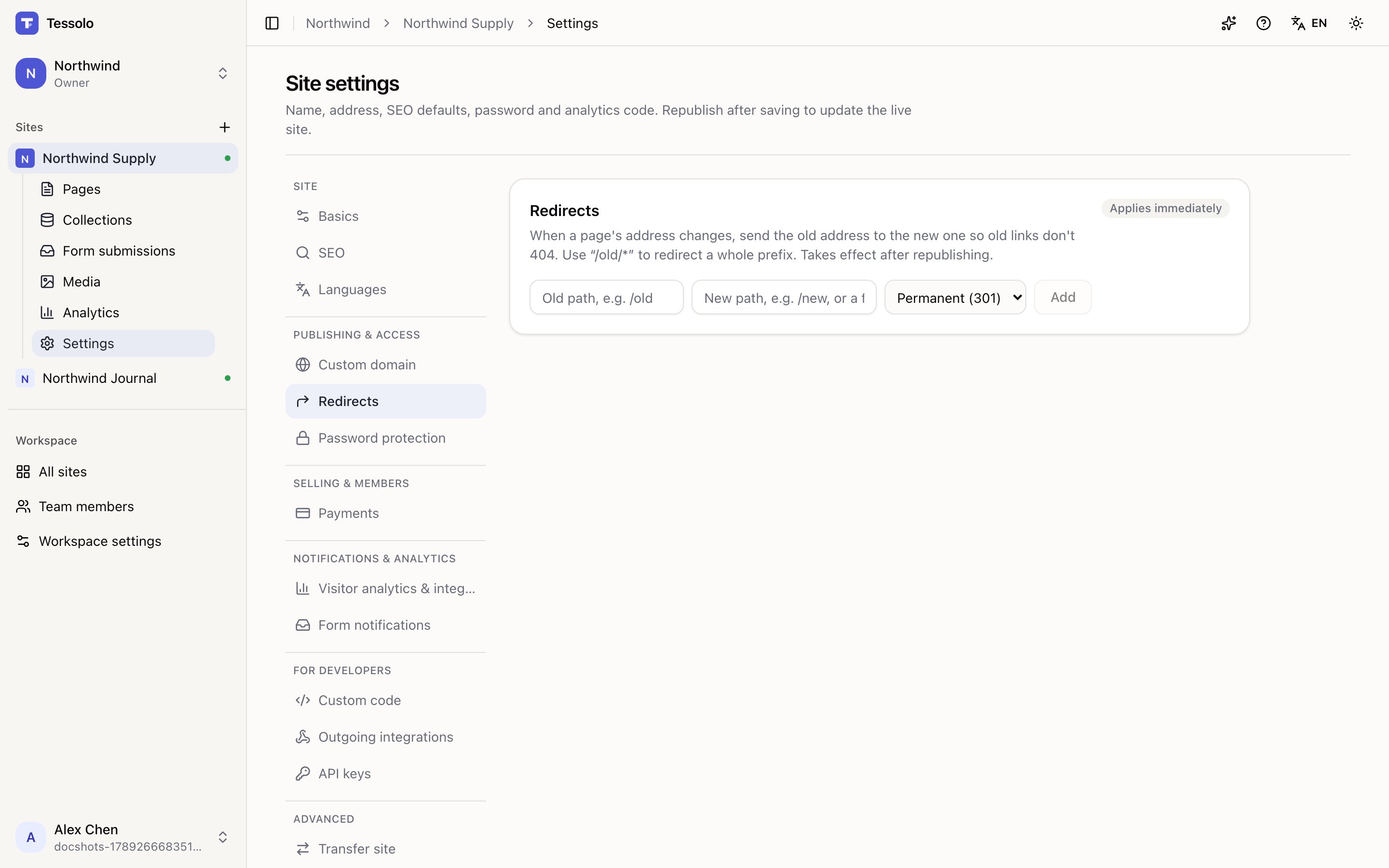 The redirects section of site settings with From, To and Type columns