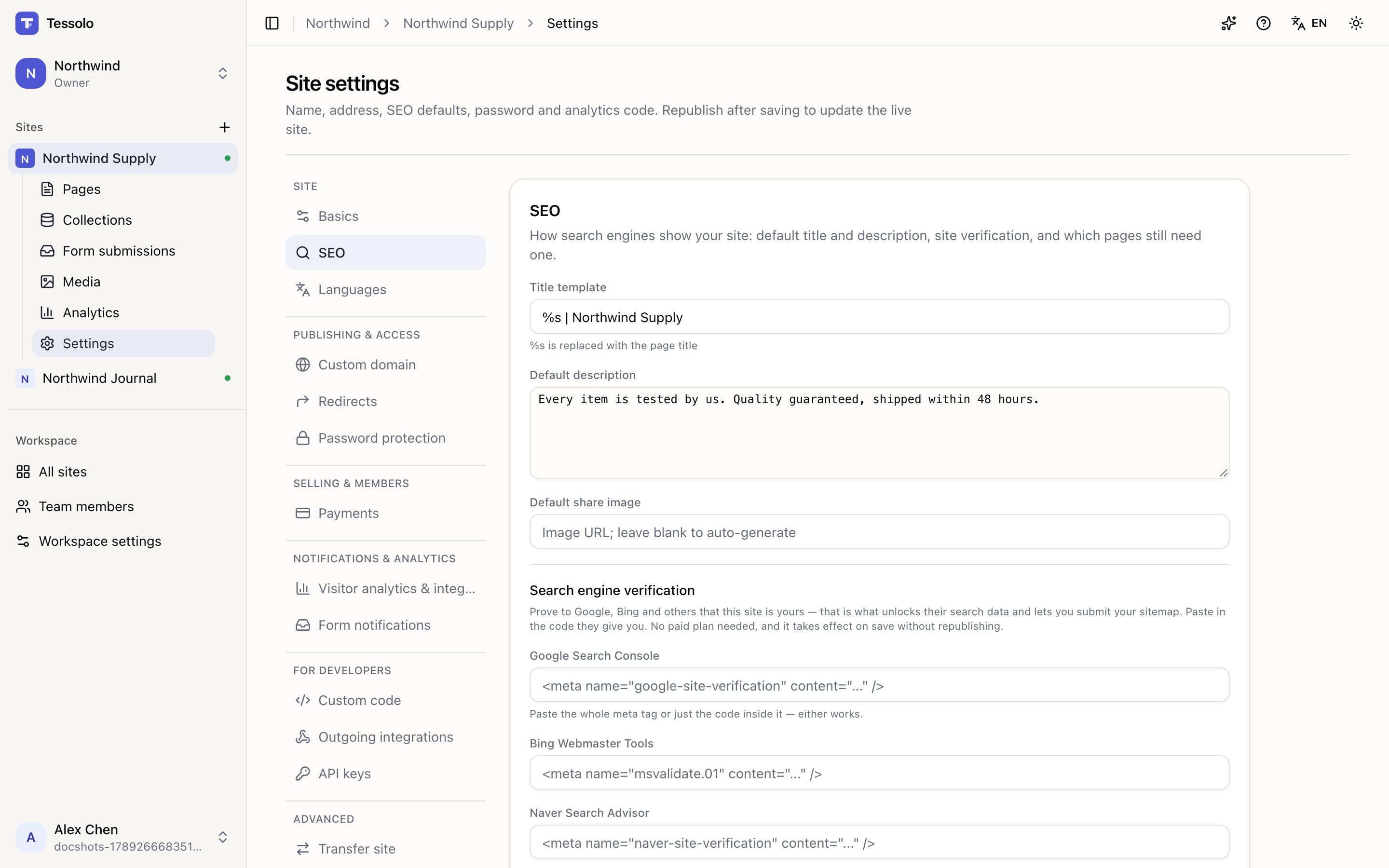 The SEO section of site settings: title pattern, default description, search engine verification and a per-page list