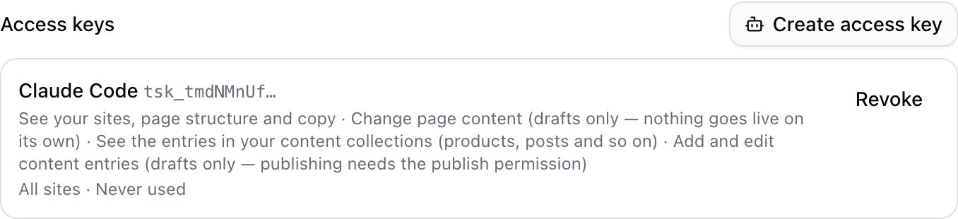 A key listed under Agent access, showing its name, what it may do, which sites it covers and a Revoke button