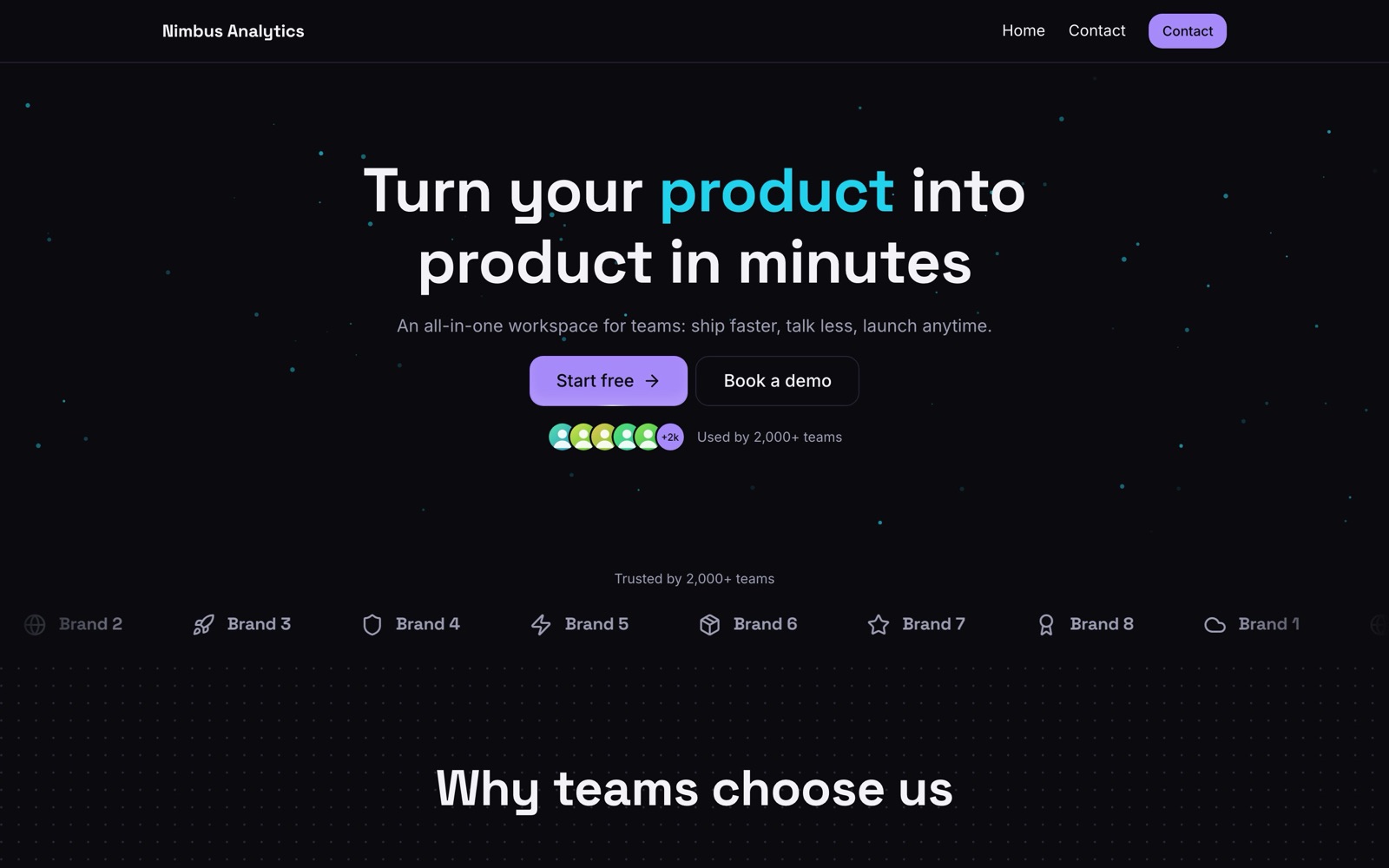 A published page. Dark “SaaS launch” template, particle hero, rotating headline words.