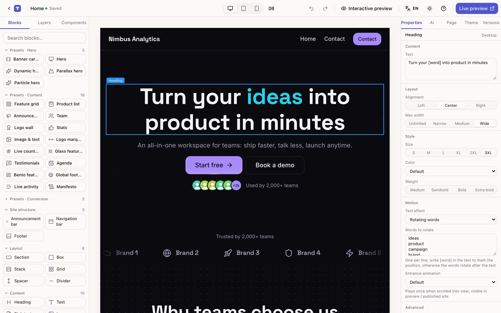 The editor: click any block, edit it on the right. Text effects and entrance animations are dropdowns.