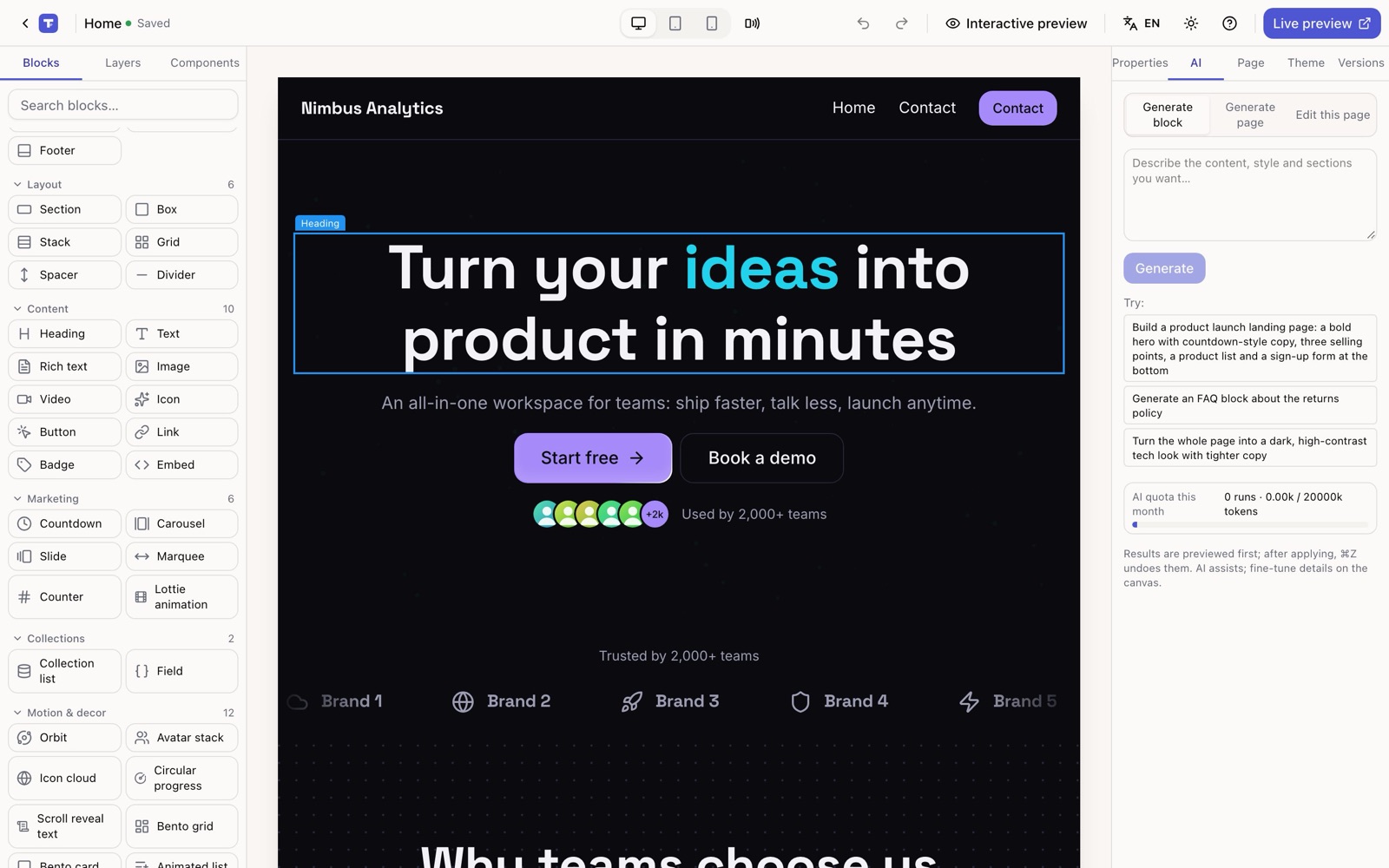 AI panel: generate a page or a block, or describe a change and preview it before applying.