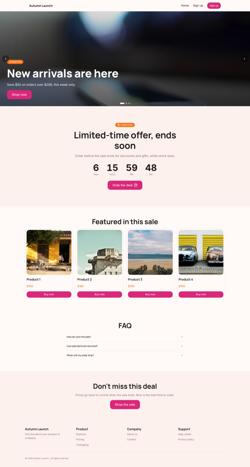 A campaign page from the “Campaign” template: carousel, countdown, product grid, FAQ, call to action.
