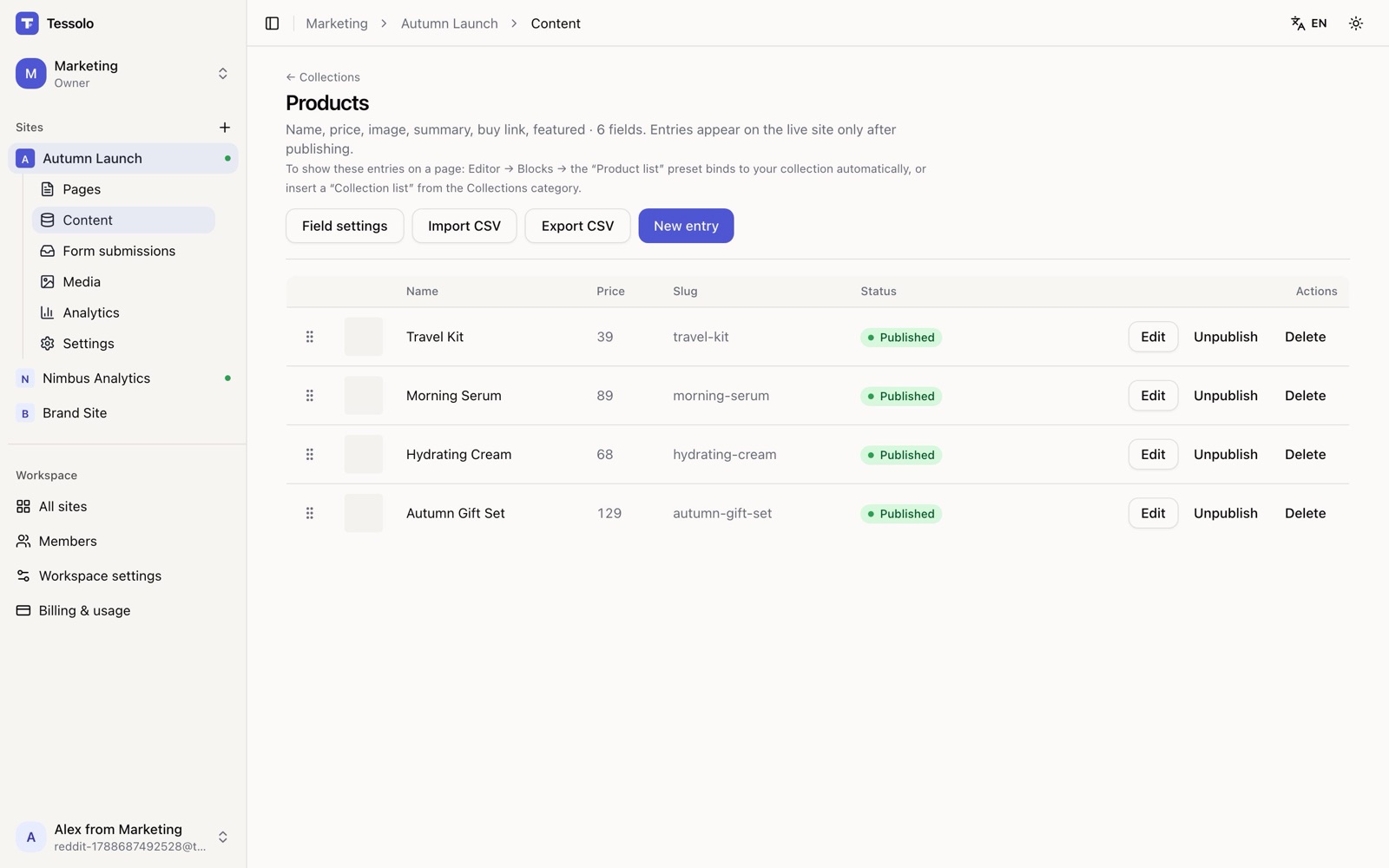Collections: products, events, testimonials in a table. Import / export CSV, drag to reorder.