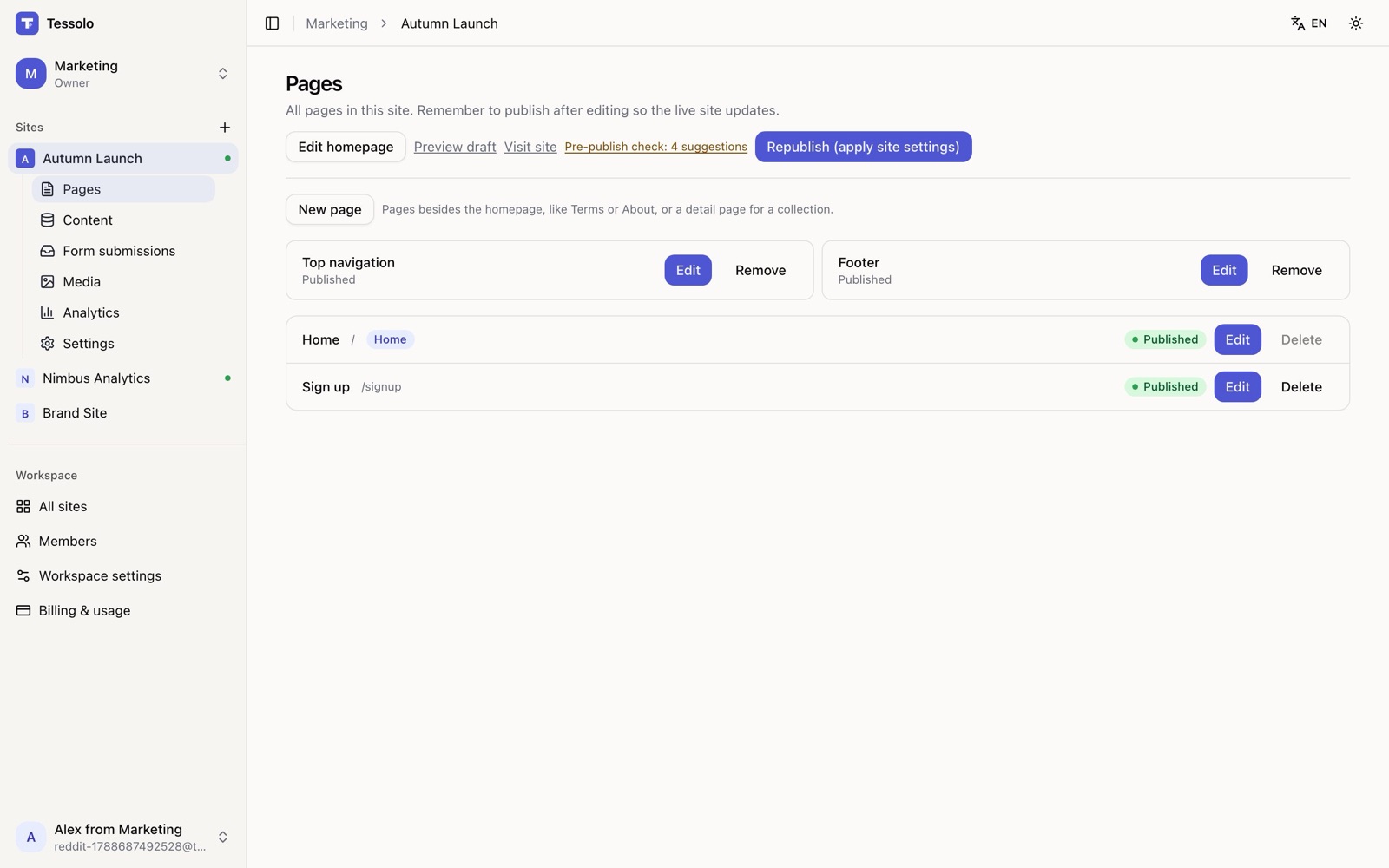 Pages, header and footer, pre-publish checks, one-click republish.