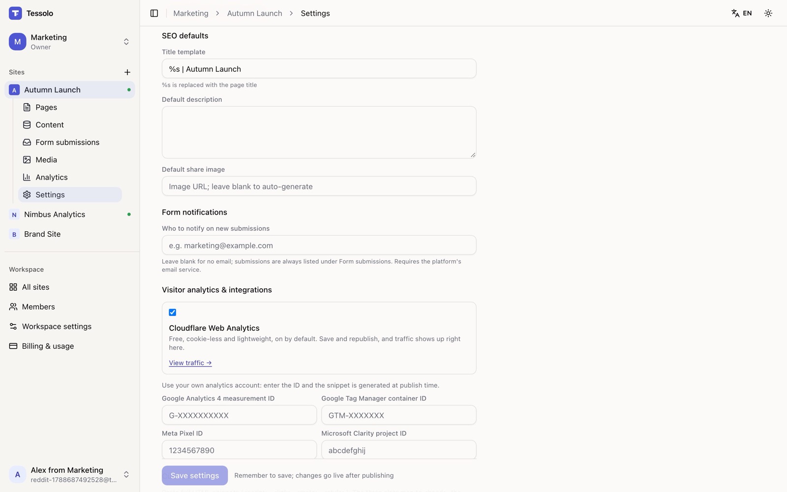 Built-in visitor analytics, plus GA4 / GTM / Meta Pixel / Clarity by pasting an ID. Custom code too.