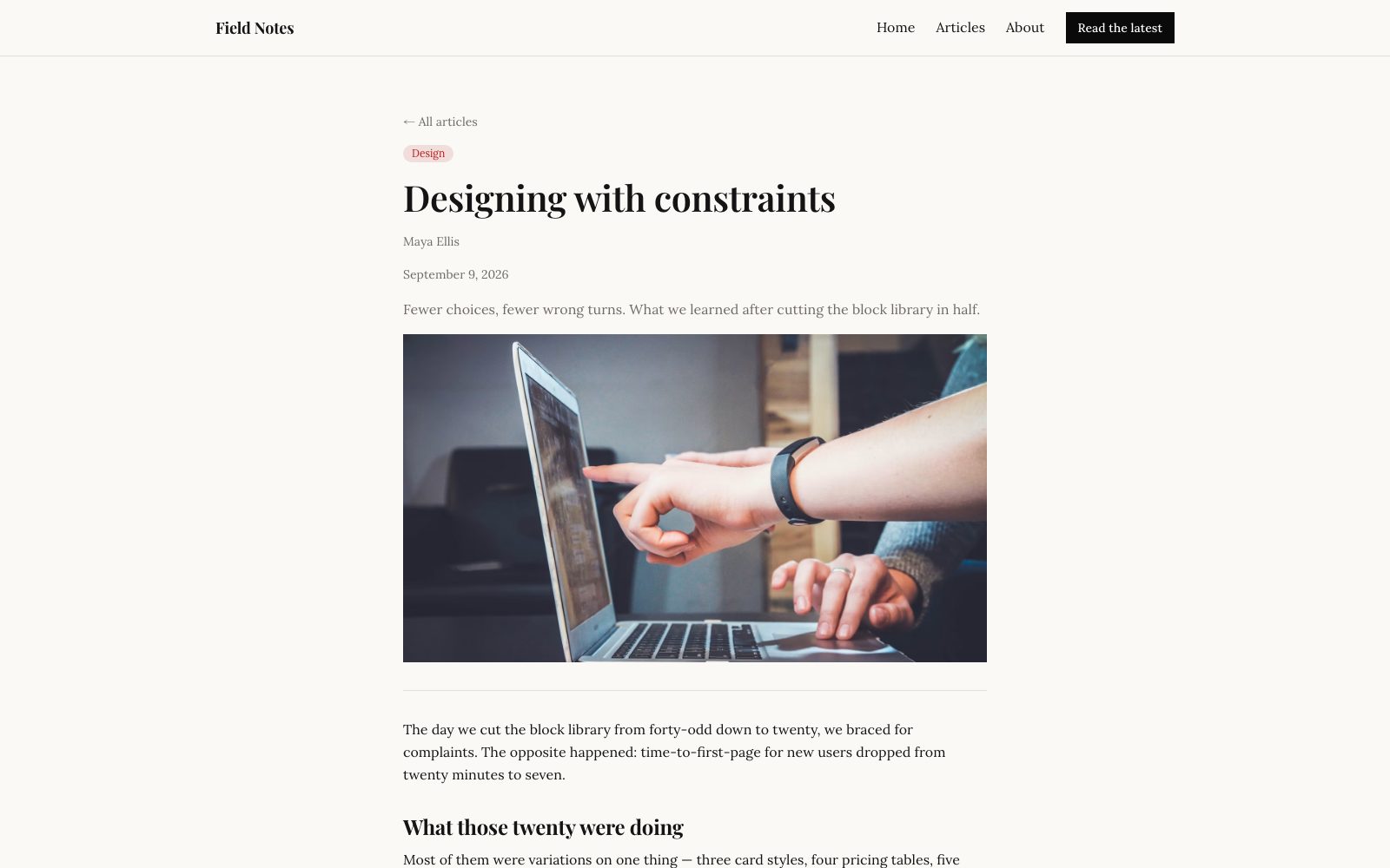 A published article: tag, author, date, cover and body.